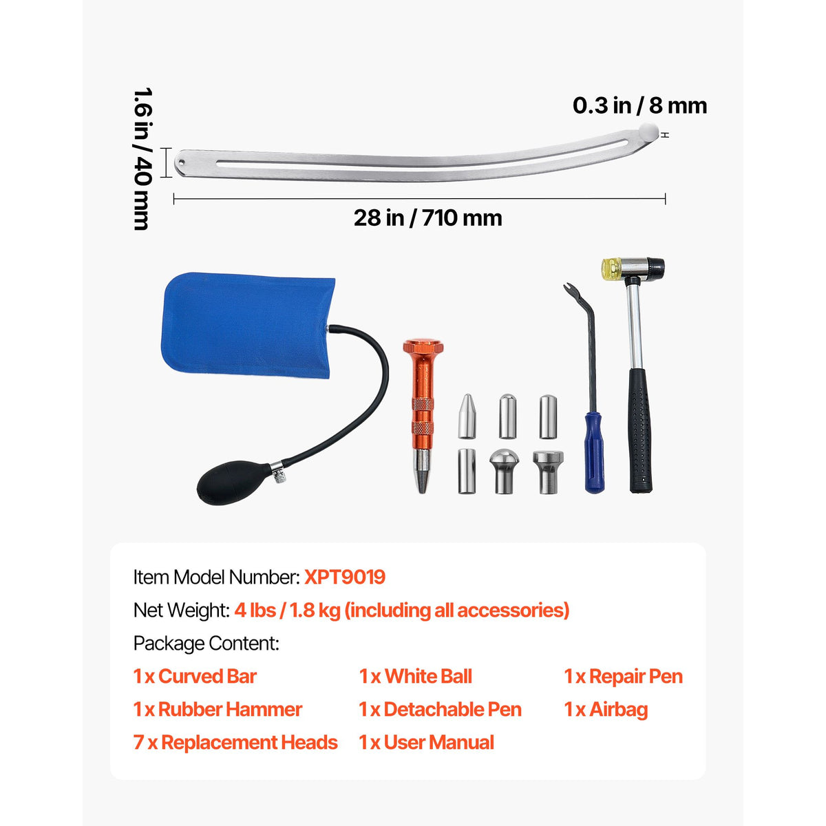 Dent Puller Kit, Paintless Car Dent Removal Tool, Auto Fender Damage Repair Puller Lifter with Curved Rod, Crowbar, Rubber Hammer, Airbag, Detachable & Repair Pens, Replacement Heads Tools Kit
