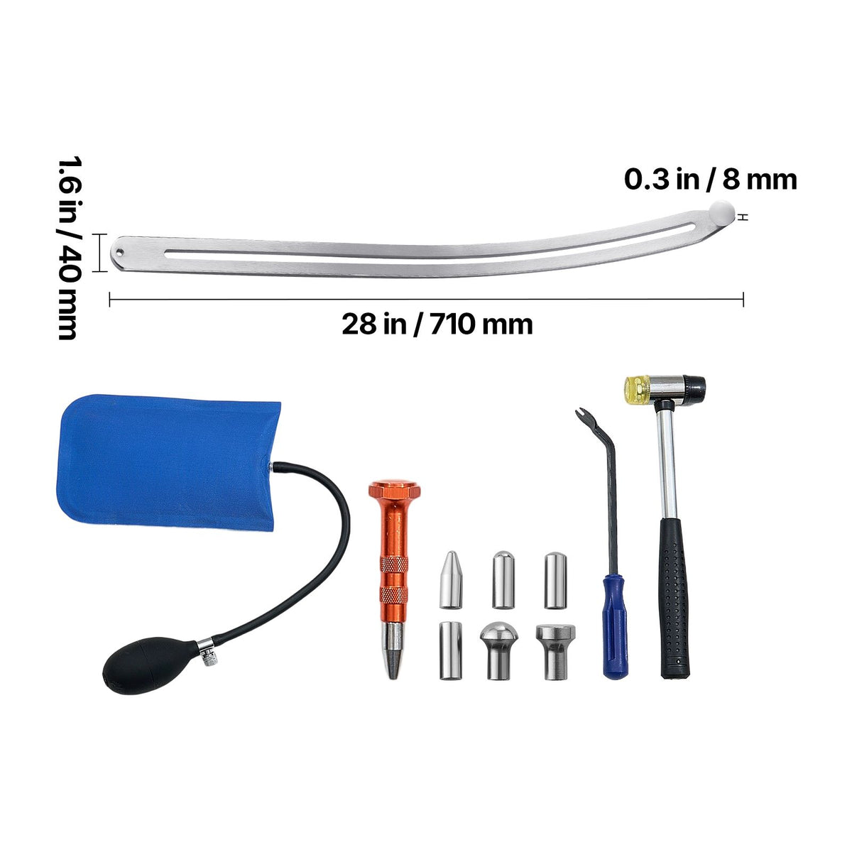 Dent Puller Kit, Paintless Car Dent Removal Tool, Auto Fender Damage Repair Puller Lifter with Curved Rod, Crowbar, Rubber Hammer, Airbag, Detachable & Repair Pens, Replacement Heads Tools Kit
