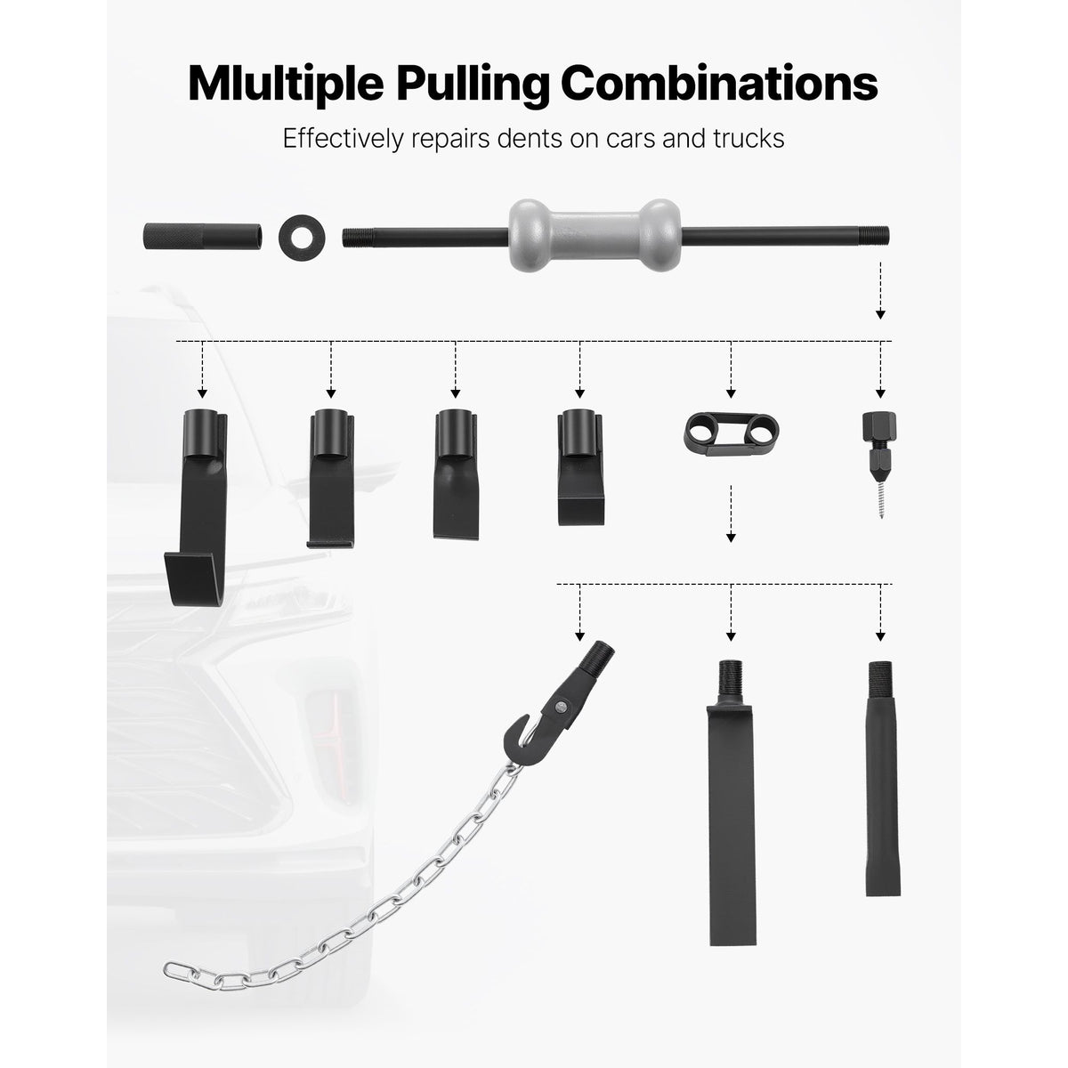 Dent Puller Kit, 4.54 kg 13-in-1 Slide Hammer Dent Removal Kit, Heavy-Duty Auto Body Truck Repair Automotive Damage Remover Tool Repair Frame with Carrying Case, Extension Rod, Non-Slip Handle