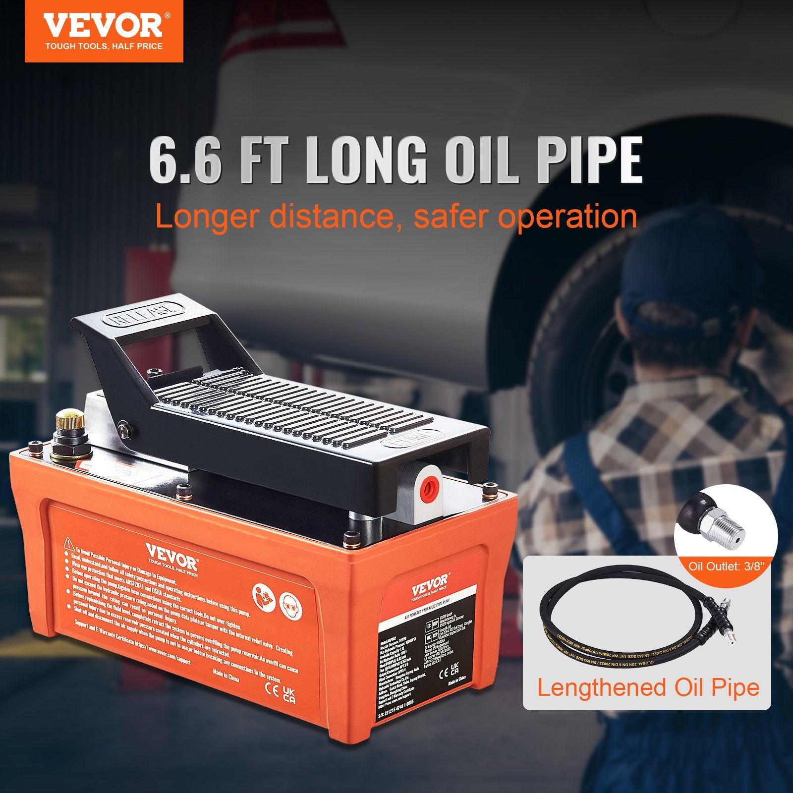 Fuel & Exhaust: VEVOR Air Hydraulic Pump, 10,000 PSI 1/2 Gal Reservoir, NPT 3/8" Oil Outlet, NPT 1/4" Inlet, 6.6 ft Pipe, Foot Actuated Hydraulic Pump Air Treadle for Auto Body Frame Machines and Pulling Post, Orange