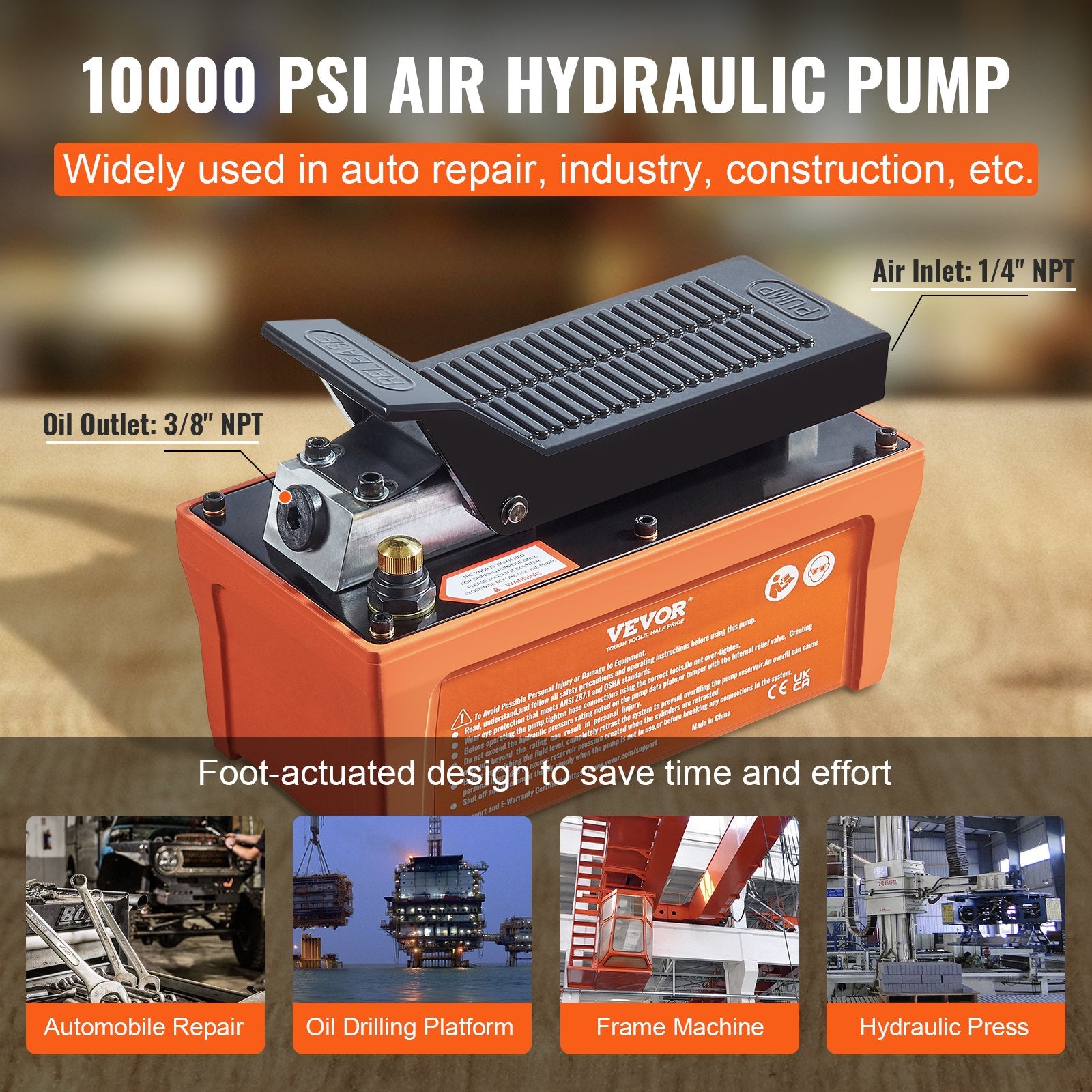 Fuel & Exhaust: VEVOR Air Hydraulic Pump, 10,000 PSI 1/2 Gal Reservoir, NPT 3/8" Oil Outlet, NPT 1/4" Inlet, 6.6 ft Pipe, Foot Actuated Hydraulic Pump Air Treadle for Auto Body Frame Machines and Pulling Post, Orange