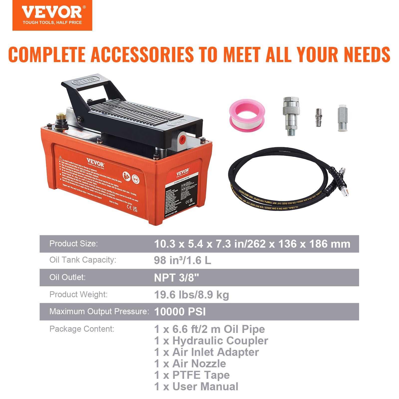 Fuel & Exhaust: VEVOR Air Hydraulic Pump, 10,000 PSI 1/2 Gal Reservoir, NPT 3/8" Oil Outlet, NPT 1/4" Inlet, 6.6 ft Pipe, Foot Actuated Hydraulic Pump Air Treadle for Auto Body Frame Machines and Pulling Post, Orange