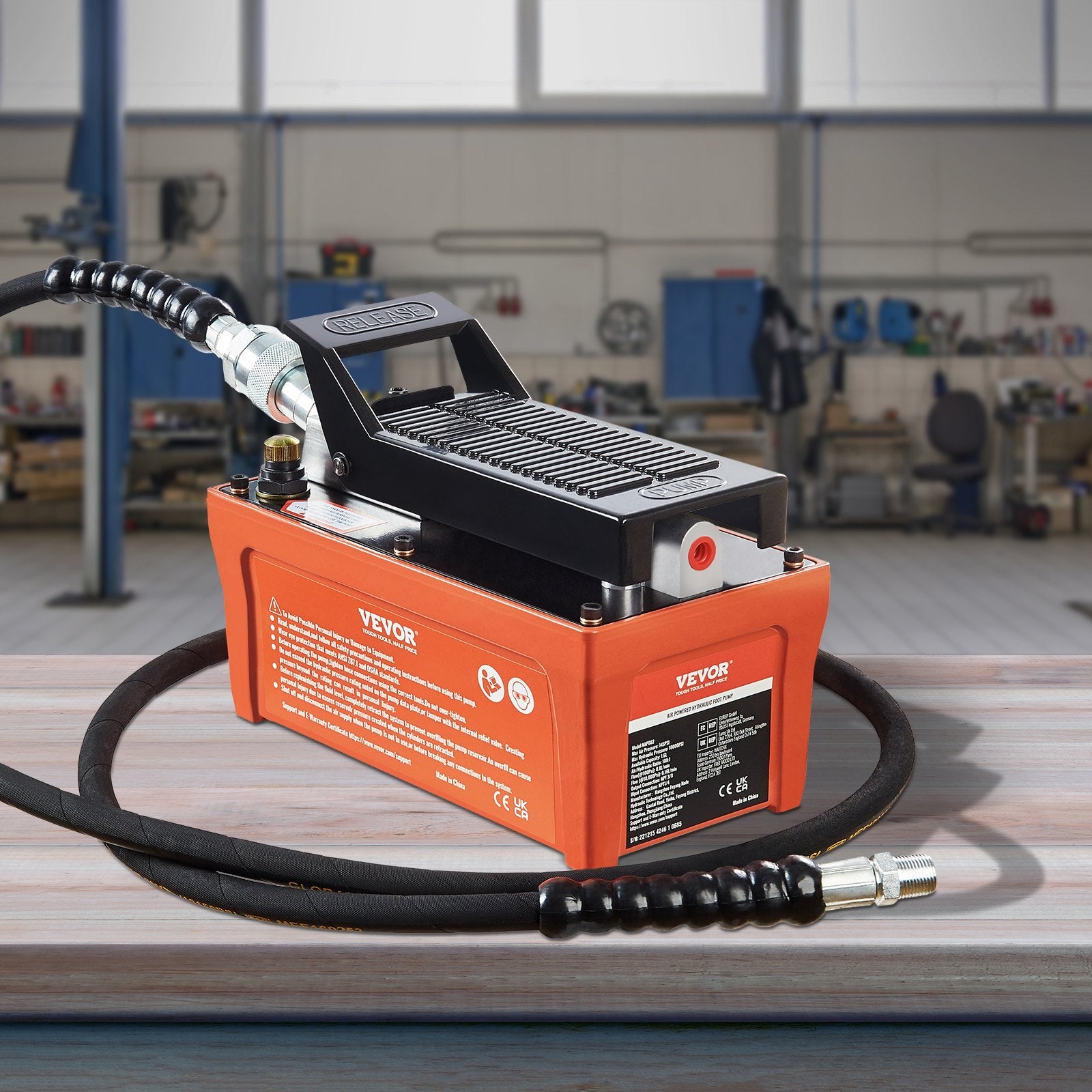Fuel & Exhaust: VEVOR Air Hydraulic Pump, 10,000 PSI 1/2 Gal Reservoir, NPT 3/8" Oil Outlet, NPT 1/4" Inlet, 6.6 ft Pipe, Foot Actuated Hydraulic Pump Air Treadle for Auto Body Frame Machines and Pulling Post, Orange