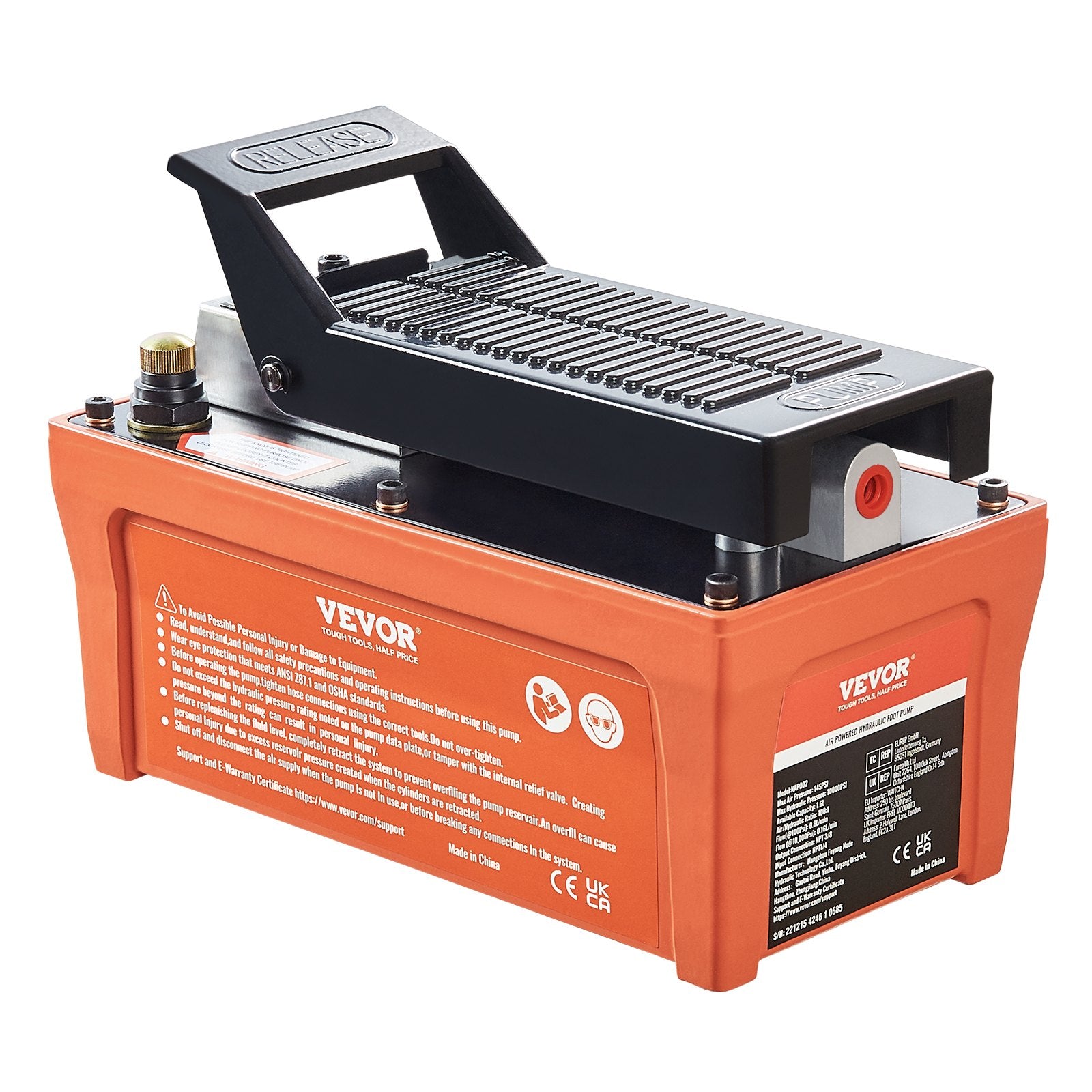 Fuel & Exhaust: VEVOR Air Hydraulic Pump, 10,000 PSI 1/2 Gal Reservoir, NPT 3/8" Oil Outlet, NPT 1/4" Inlet, 6.6 ft Pipe, Foot Actuated Hydraulic Pump Air Treadle for Auto Body Frame Machines and Pulling Post, Orange