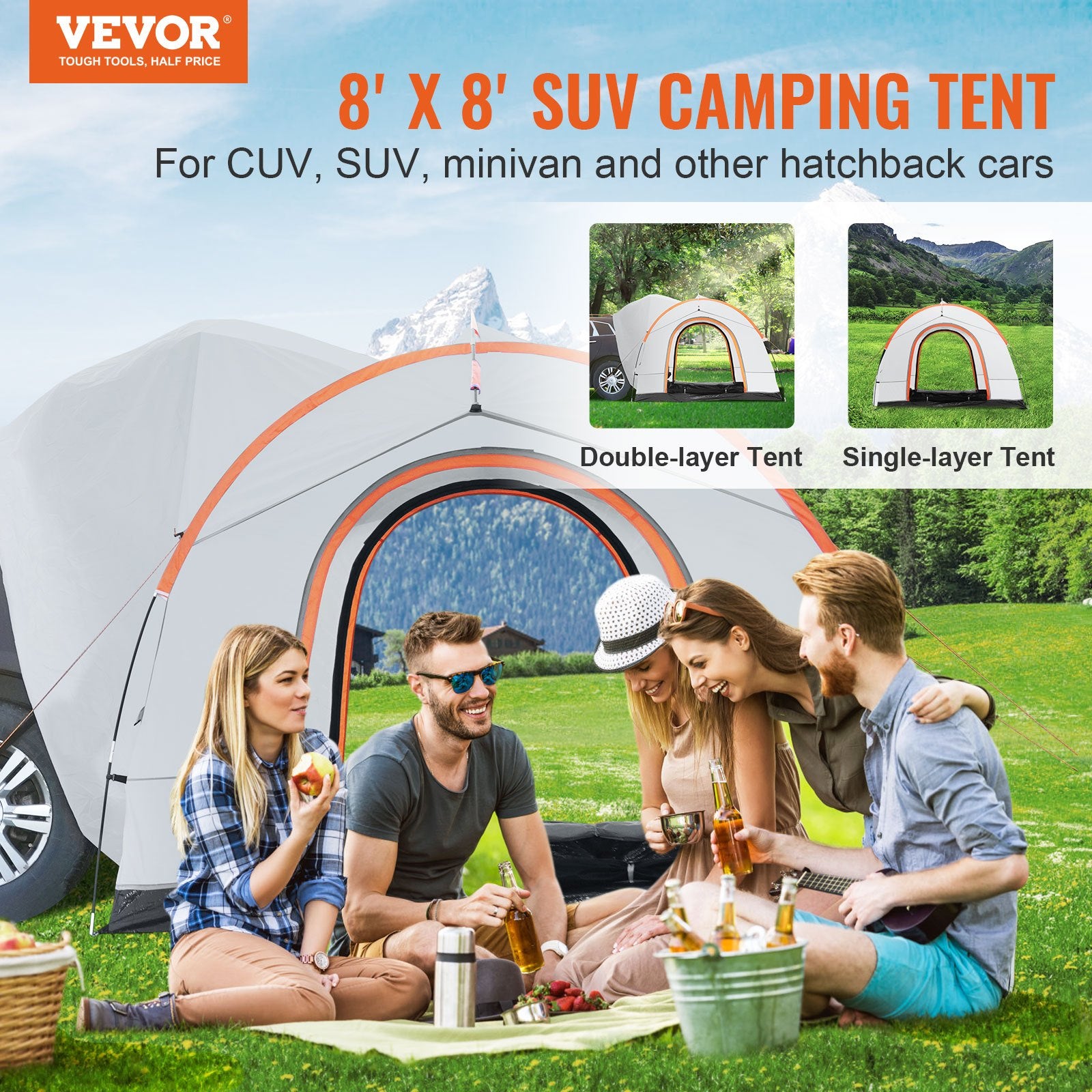 Caravan Accessories: VEVOR SUV Camping Tent, 8'-8' SUV Tent Attachment for Camping with Rain Layer and Carry Bag, PU2000mm Double Layer Truck Tent, Accommodate 6-8 Person, Rear Tent for Van Hatch Tailgate