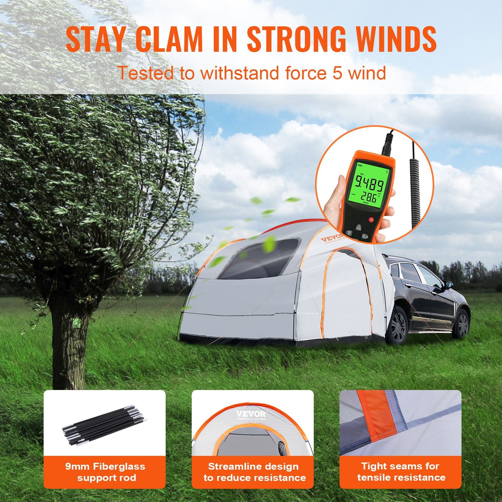 Caravan Accessories: VEVOR SUV Camping Tent, 8'-8' SUV Tent Attachment for Camping with Rain Layer and Carry Bag, PU2000mm Double Layer Truck Tent, Accommodate 6-8 Person, Rear Tent for Van Hatch Tailgate