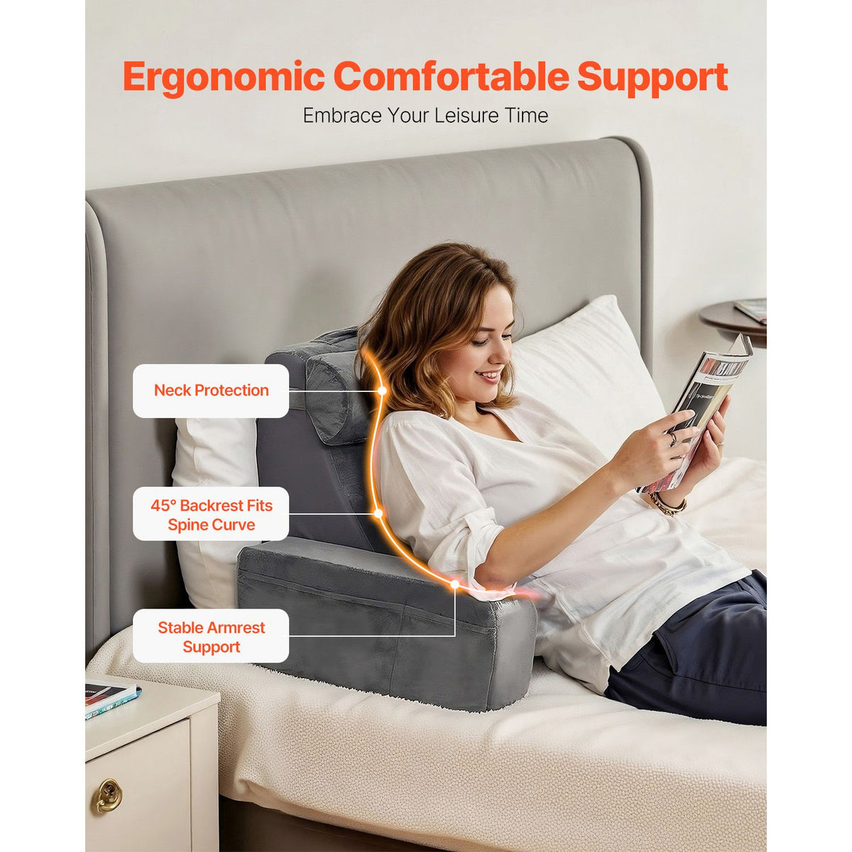 Reading Pillow, Backrest Support Pillow with Arm and 3 Pockets, Large Size Bed Pillow with Removable Headrest & 25D Sponge, Handle for Easy Carrying, for Reading, Gaming, Resting, Working, Grey