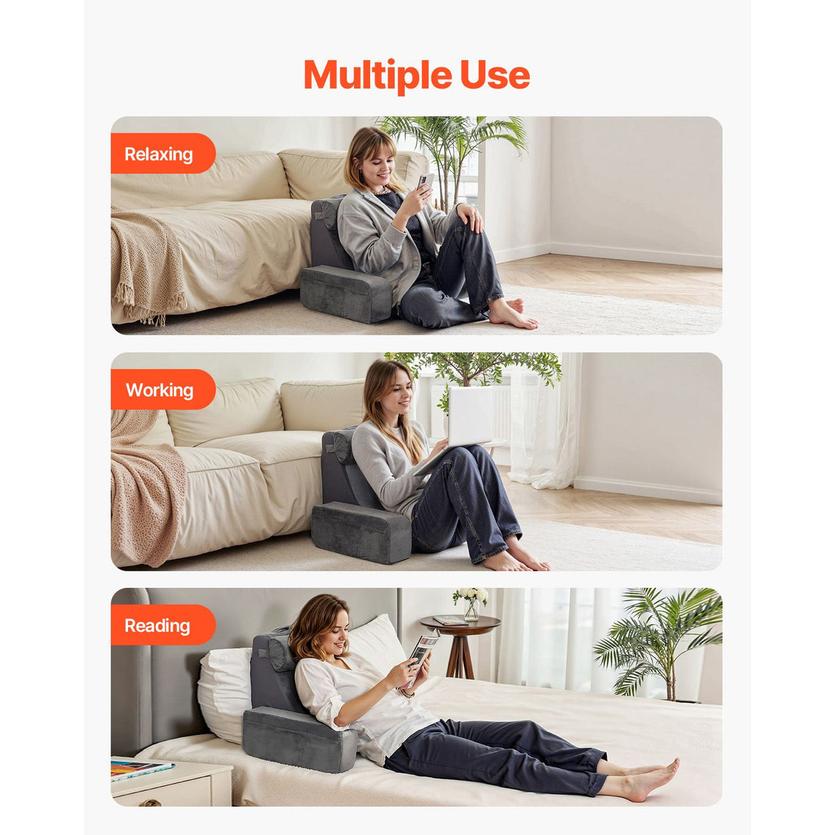 Reading Pillow, Backrest Support Pillow with Arm and 3 Pockets, Large Size Bed Pillow with Removable Headrest & 25D Sponge, Handle for Easy Carrying, for Reading, Gaming, Resting, Working, Grey