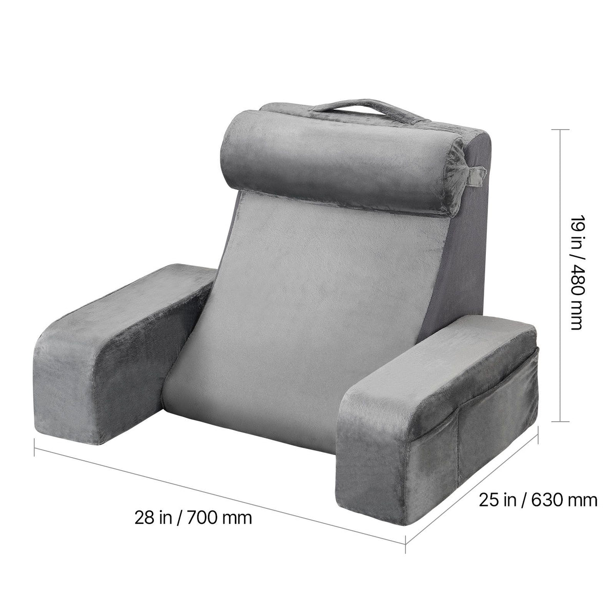 Reading Pillow, Backrest Support Pillow with Arm and 3 Pockets, Large Size Bed Pillow with Removable Headrest & 25D Sponge, Handle for Easy Carrying, for Reading, Gaming, Resting, Working, Grey
