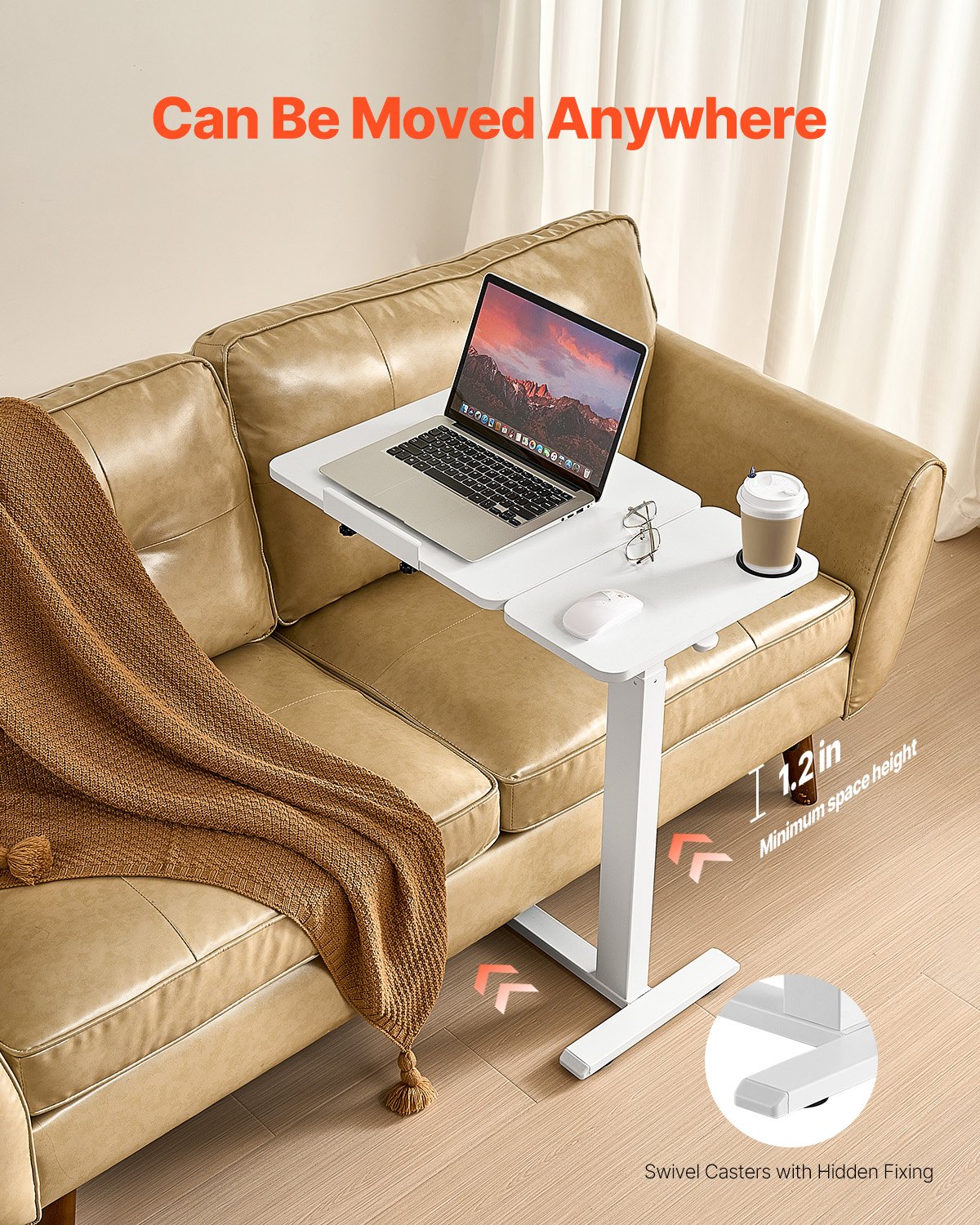 Kid's Desks: VEVOR Overbed Table, Mobile Bed Side Table with Flip Desktop and 4 Hidden Wheels, Height & Angle Adjustable Rolling Laptop Desk with Cup Holder, Portable Over Bed Desk for Home, Office, Study, White