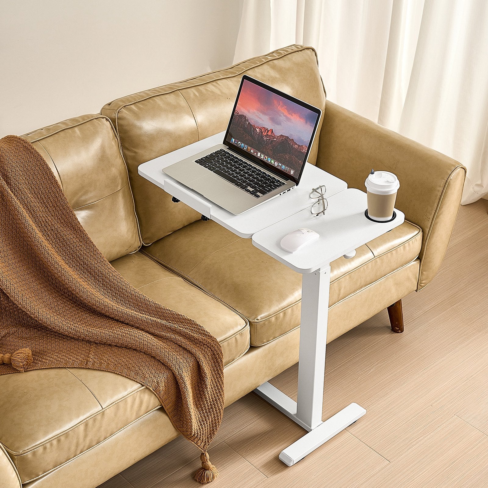 Kid's Desks: VEVOR Overbed Table, Mobile Bed Side Table with Flip Desktop and 4 Hidden Wheels, Height & Angle Adjustable Rolling Laptop Desk with Cup Holder, Portable Over Bed Desk for Home, Office, Study, White