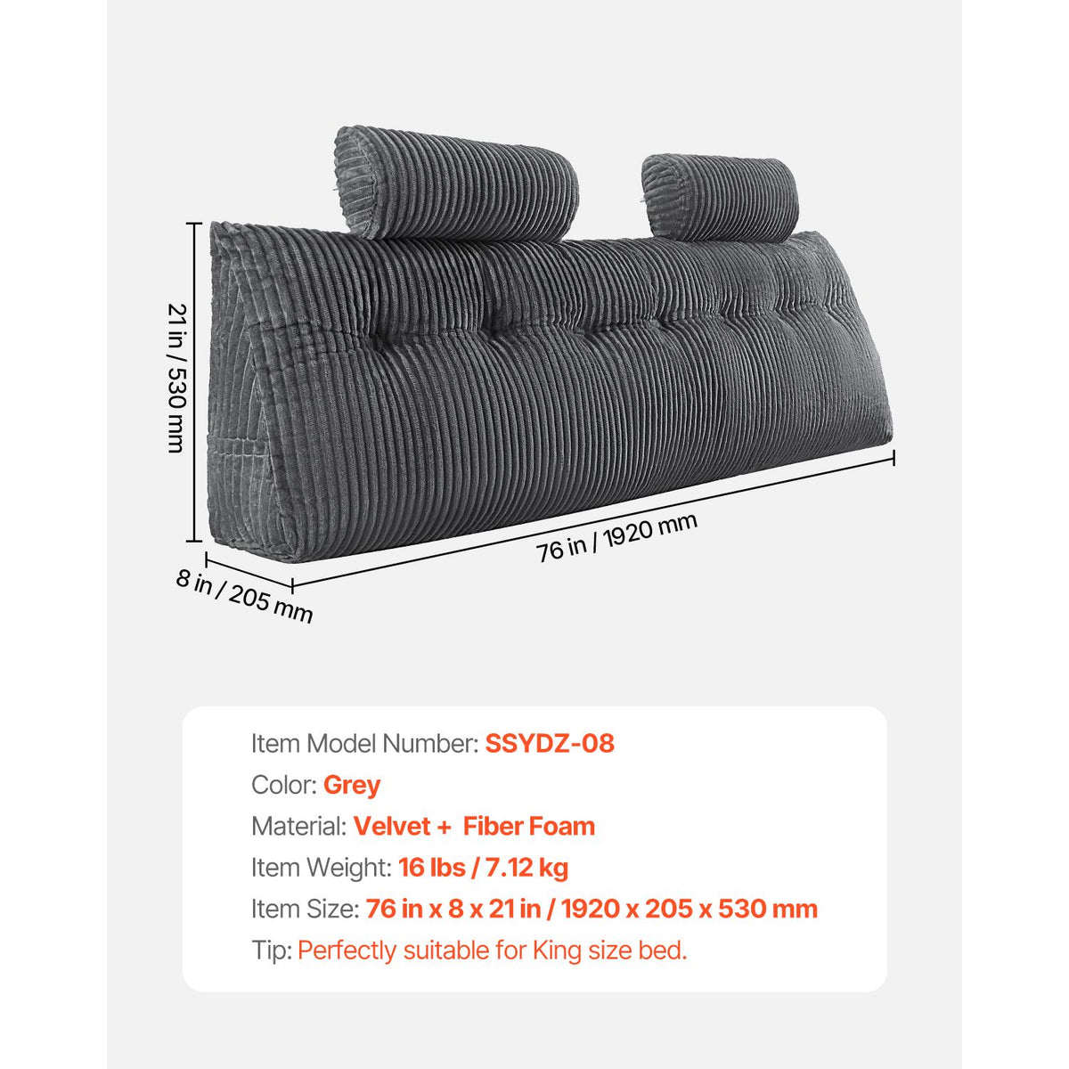 Headboard Pillow, King Size Wedge Headboard Pillow with 2 Side Pockets and 2 Headrests, Bed Wedge Pillow with Washable Flannel Cloth, for Reading, Gaming, Resting, Working in Bed, Grey