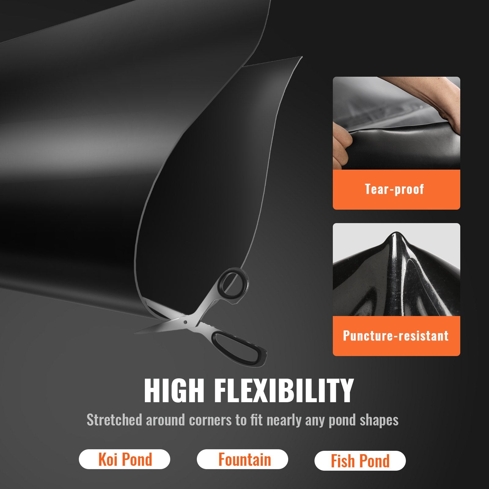 Greenhouses & Accessories: VEVOR Pond Liner, 6 x 7.6 m 45 Mil Thick, Pliable EPDM Material Pond Skins, Easy Cutting Underlayment for Fish or Koi Pond, Waterfall Base, Water Features, Water Gardens, Fountains, Black