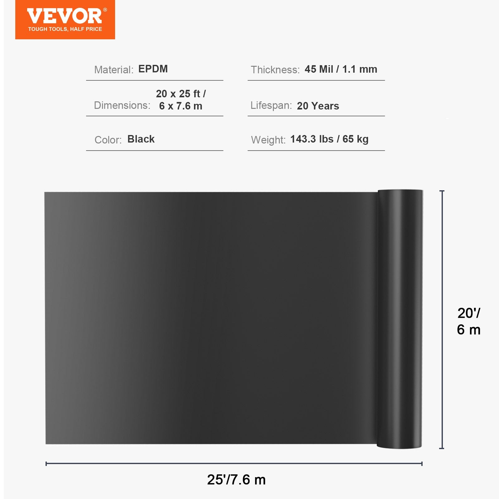 Greenhouses & Accessories: VEVOR Pond Liner, 6 x 7.6 m 45 Mil Thick, Pliable EPDM Material Pond Skins, Easy Cutting Underlayment for Fish or Koi Pond, Waterfall Base, Water Features, Water Gardens, Fountains, Black