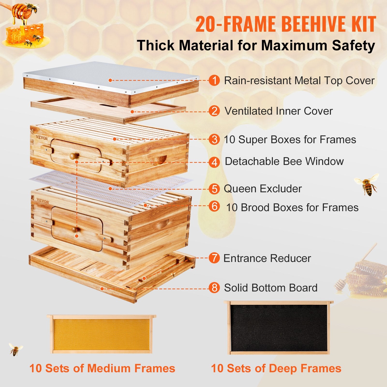 Beekeeping: VEVOR Bee Hive 20 Frame Bee Hives Starter Kit, Beeswax Coated Cedar Wood, 1 Deep + 1 Medium Bee Boxes Langstroth Beehive Kit, Transparent Acrylic Windows with Foundations for Beginners Pro Beekeepers