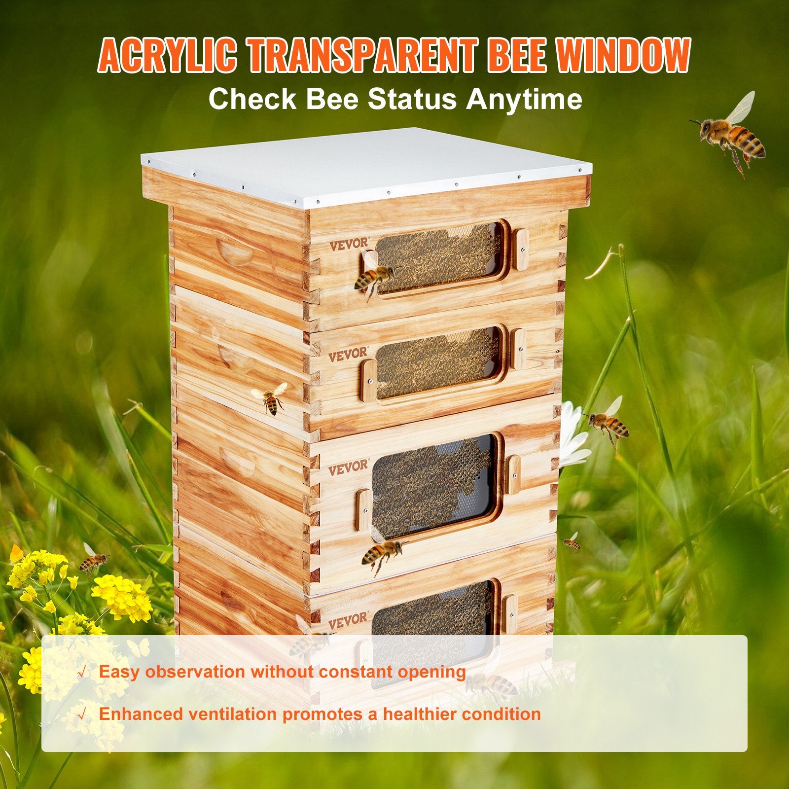 Beekeeping: VEVOR Bee Hive 40 Frame Bee Hives Starter Kit, Beeswax Coated Cedar Wood, 2 Deep + 2 Medium Bee Boxes Langstroth Beehive Kit, Transparent Acrylic Windows with Foundations for Beginners Pro Beekeepers