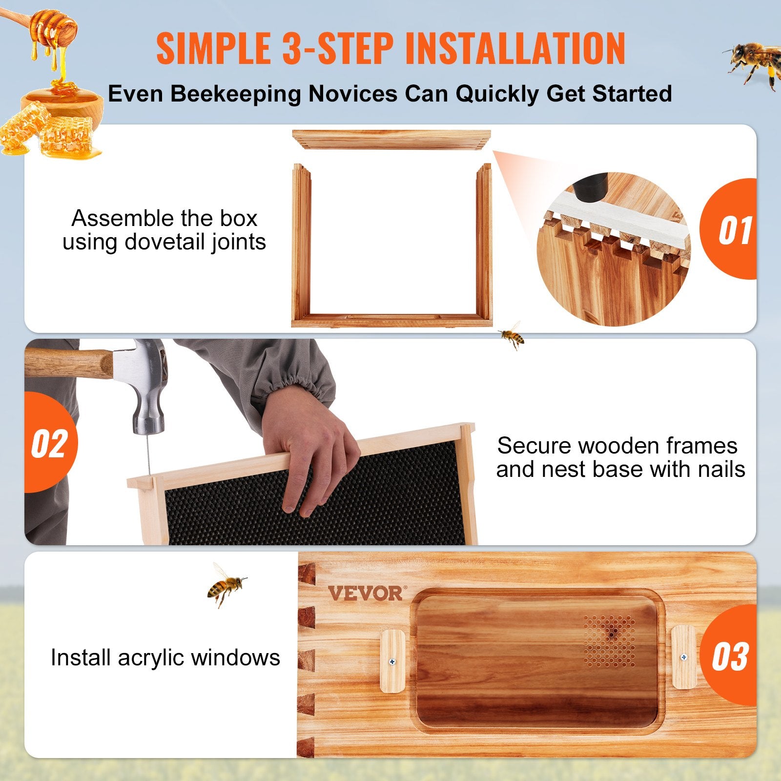 Beekeeping: VEVOR Bee Hive 40 Frame Bee Hives Starter Kit, Beeswax Coated Cedar Wood, 2 Deep + 2 Medium Bee Boxes Langstroth Beehive Kit, Transparent Acrylic Windows with Foundations for Beginners Pro Beekeepers