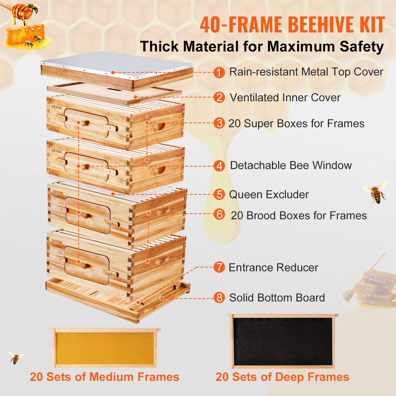 Beekeeping: VEVOR Bee Hive 40 Frame Bee Hives Starter Kit, Beeswax Coated Cedar Wood, 2 Deep + 2 Medium Bee Boxes Langstroth Beehive Kit, Transparent Acrylic Windows with Foundations for Beginners Pro Beekeepers