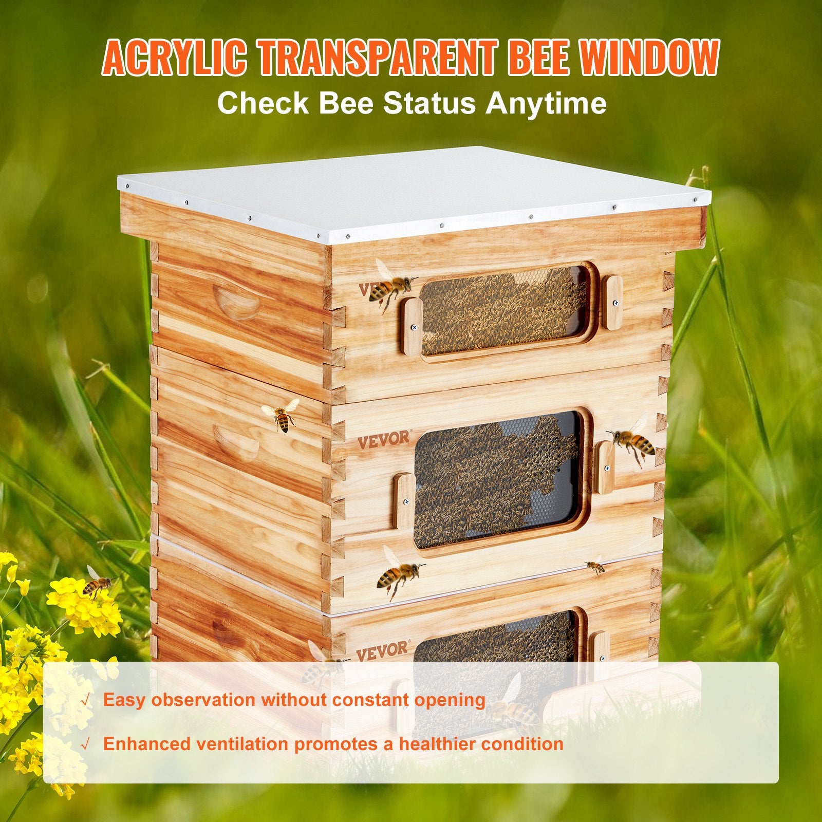 Beekeeping: VEVOR Bee Hive 30 Frame Bee Hives Starter Kit, Beeswax Coated Fir Wood, 2 Deep + 1 Medium Bee Boxes Langstroth Beehive Kit, Transparent Acrylic Windows with Foundations for Beginners Pro Beekeepers