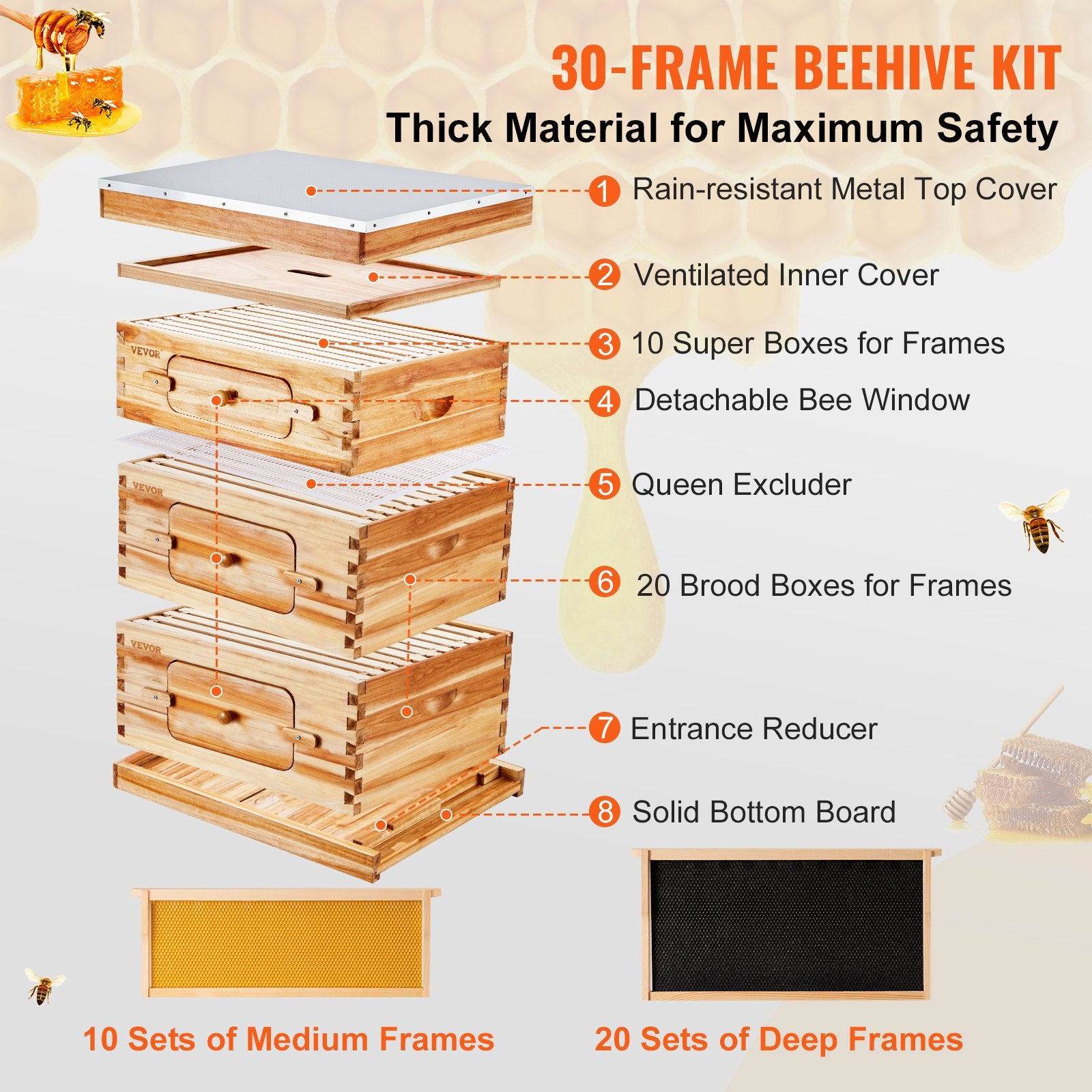 Beekeeping: VEVOR Bee Hive 30 Frame Bee Hives Starter Kit, Beeswax Coated Fir Wood, 2 Deep + 1 Medium Bee Boxes Langstroth Beehive Kit, Transparent Acrylic Windows with Foundations for Beginners Pro Beekeepers