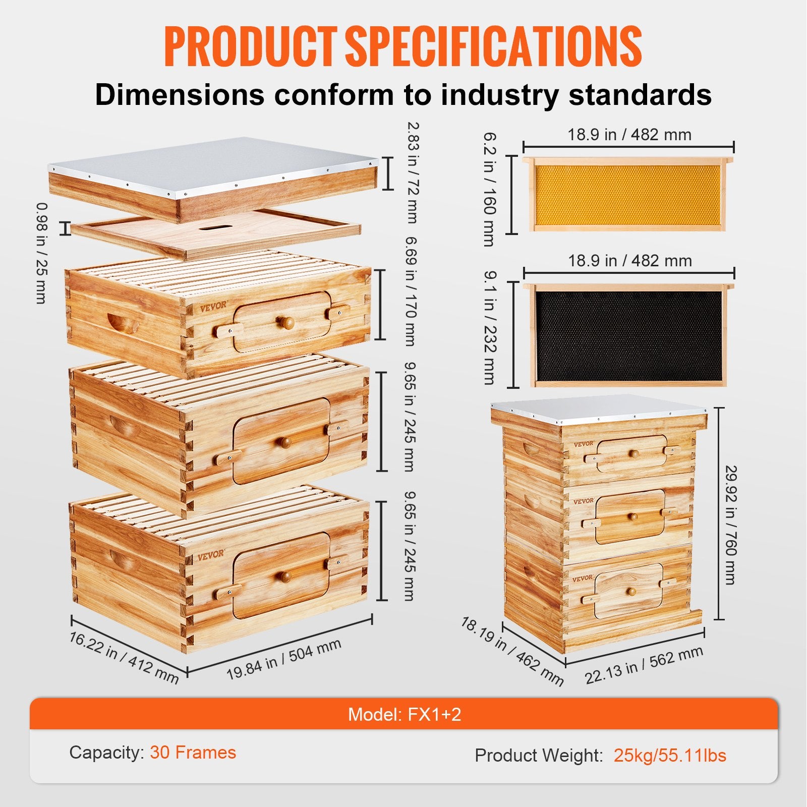 Beekeeping: VEVOR Bee Hive 30 Frame Bee Hives Starter Kit, Beeswax Coated Fir Wood, 2 Deep + 1 Medium Bee Boxes Langstroth Beehive Kit, Transparent Acrylic Windows with Foundations for Beginners Pro Beekeepers