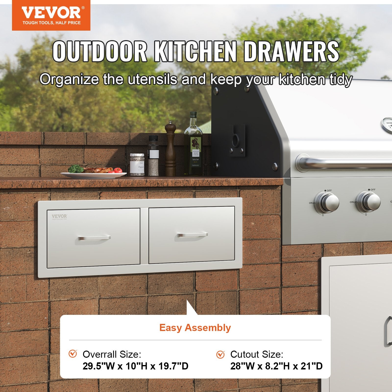 BBQ Tools: VEVOR Outdoor Kitchen Drawers 30" W x 10" H x 20" D, Horizontal Double BBQ Access Drawers Stainless Steel with Handle, BBQ Island Drawers for Outdoor Kitchens or Patio Grill Station