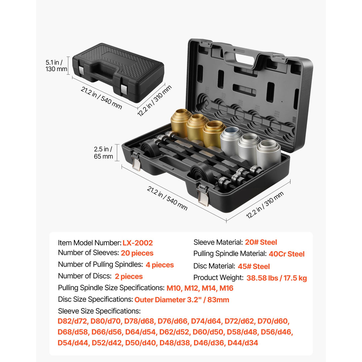 Pull and Press Sleeve Kit, 26 PCS, Steel Bush Removal Insertion Sleeve Tools with Carrying Case, Compatible with LCV and HGV Engines, for Removing and Installing Bushings, Bearings, and Seals