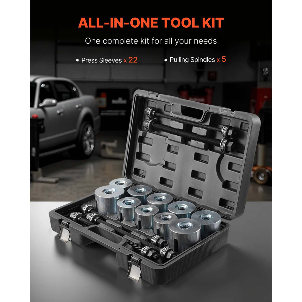 Pull and Press Sleeve Kit, 27 PCS, Steel Bush Removal Insertion Sleeve Tools with Carrying Case, Compatible with LCV and HGV Engines, for Removing and Installing Bushings, Bearings, and Seals