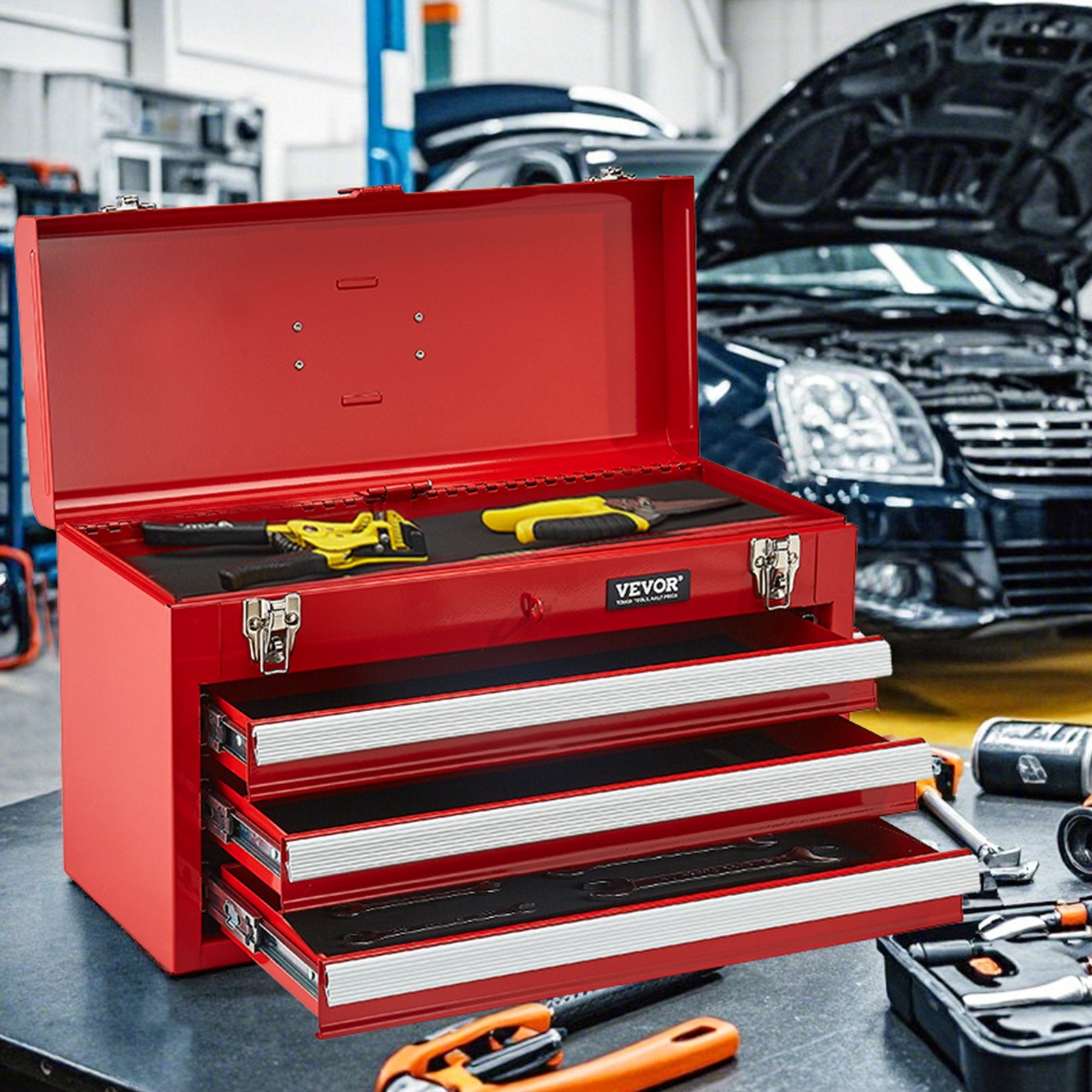Basketball & Basketball Accessories: VEVOR Tool Box 520 mm Portable Metal Tool Box 3 Drawers Tool Organizer Red