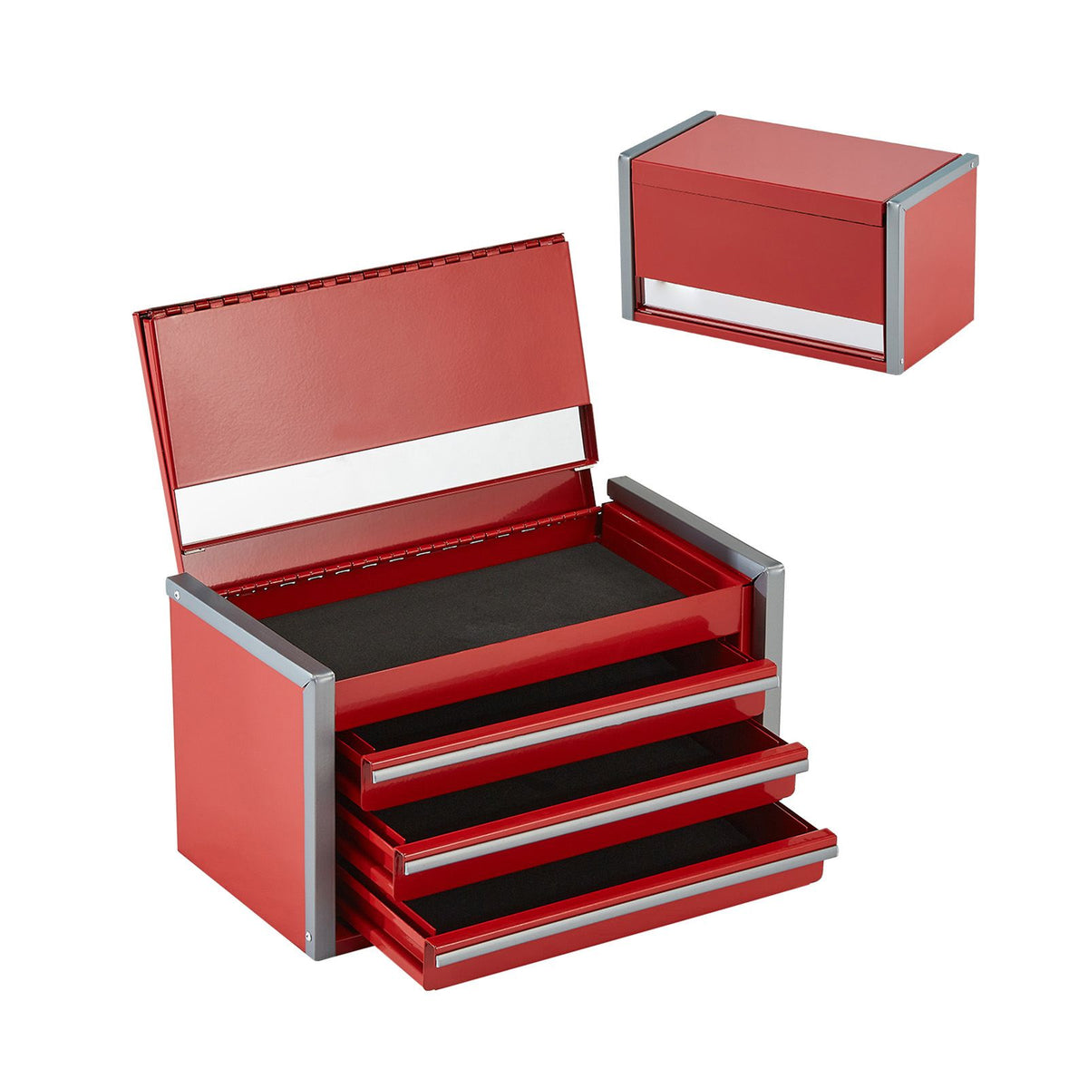 Metal Tool Box, 8.6-inch, Portable Metal Tool Box with 3 Drawers, Small Tool Chest with EVA Liners and PP Feet Pads, Heavy-Duty Steel With Ball Bearing Opening and Powder Coated Finish, Red