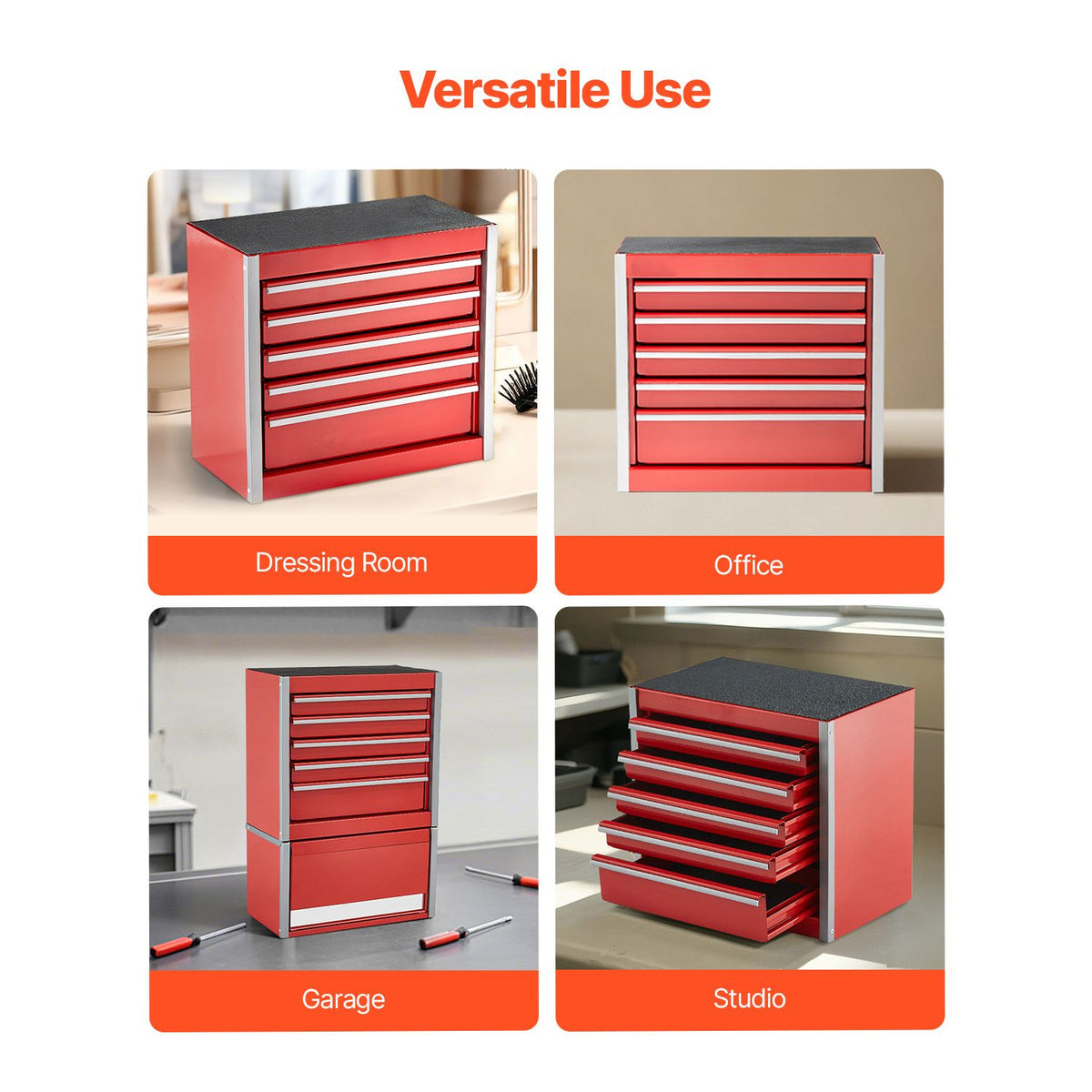 Metal Tool Box, 8.6-inch, Portable Metal Tool Box with 5 Drawers, Small Tool Chest with EVA Liners and PP Feet Pads, Heavy-Duty Steel With Ball Bearing Opening and Powder Coated Finish, Red
