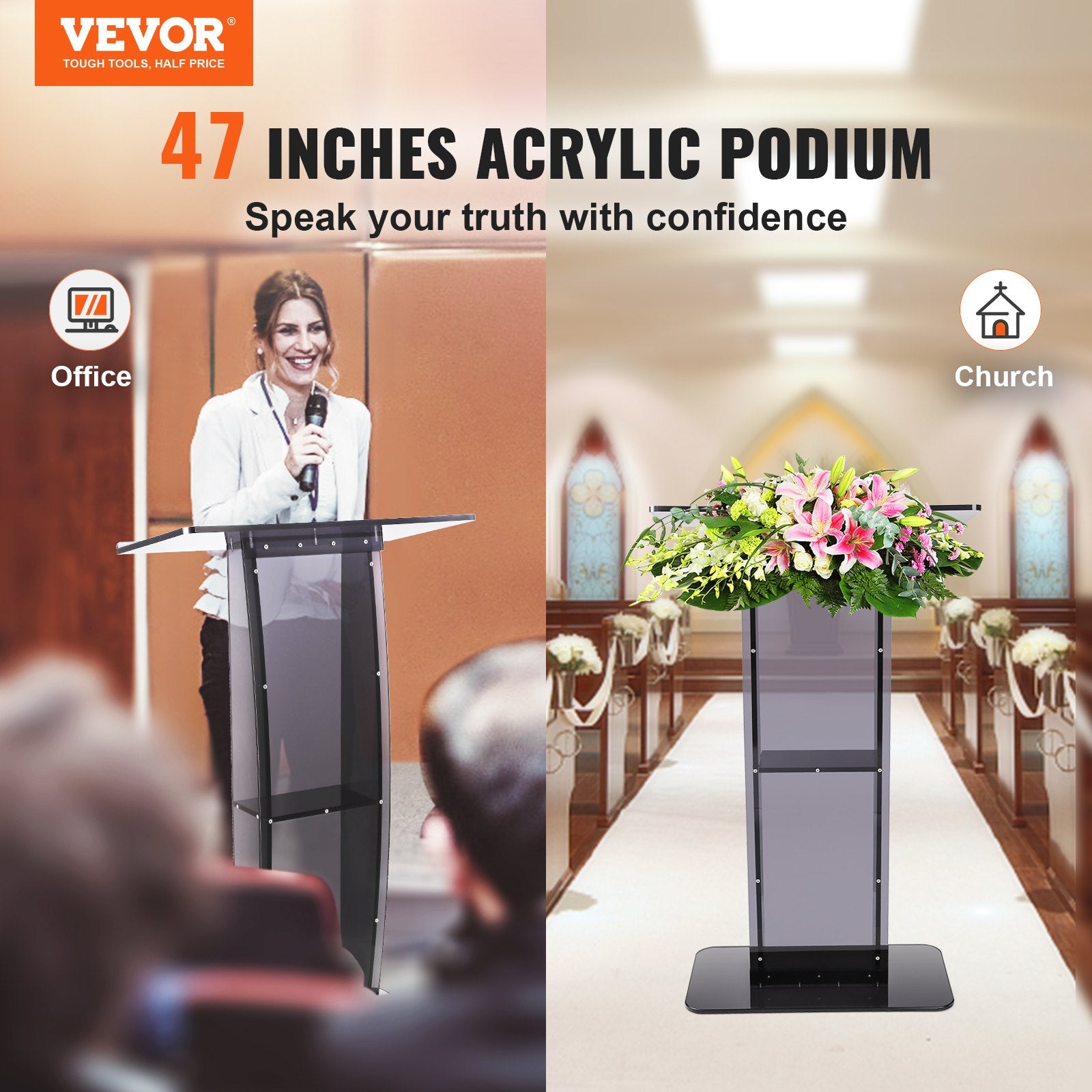 Coat Racks: VEVOR Acrylic Podium, 47" Tall, Acrylic Podium Stand with Wide Reading Surface & Storage Shelf, Floor-standing Clear Pulpits Acrylic for Church Office School, Black