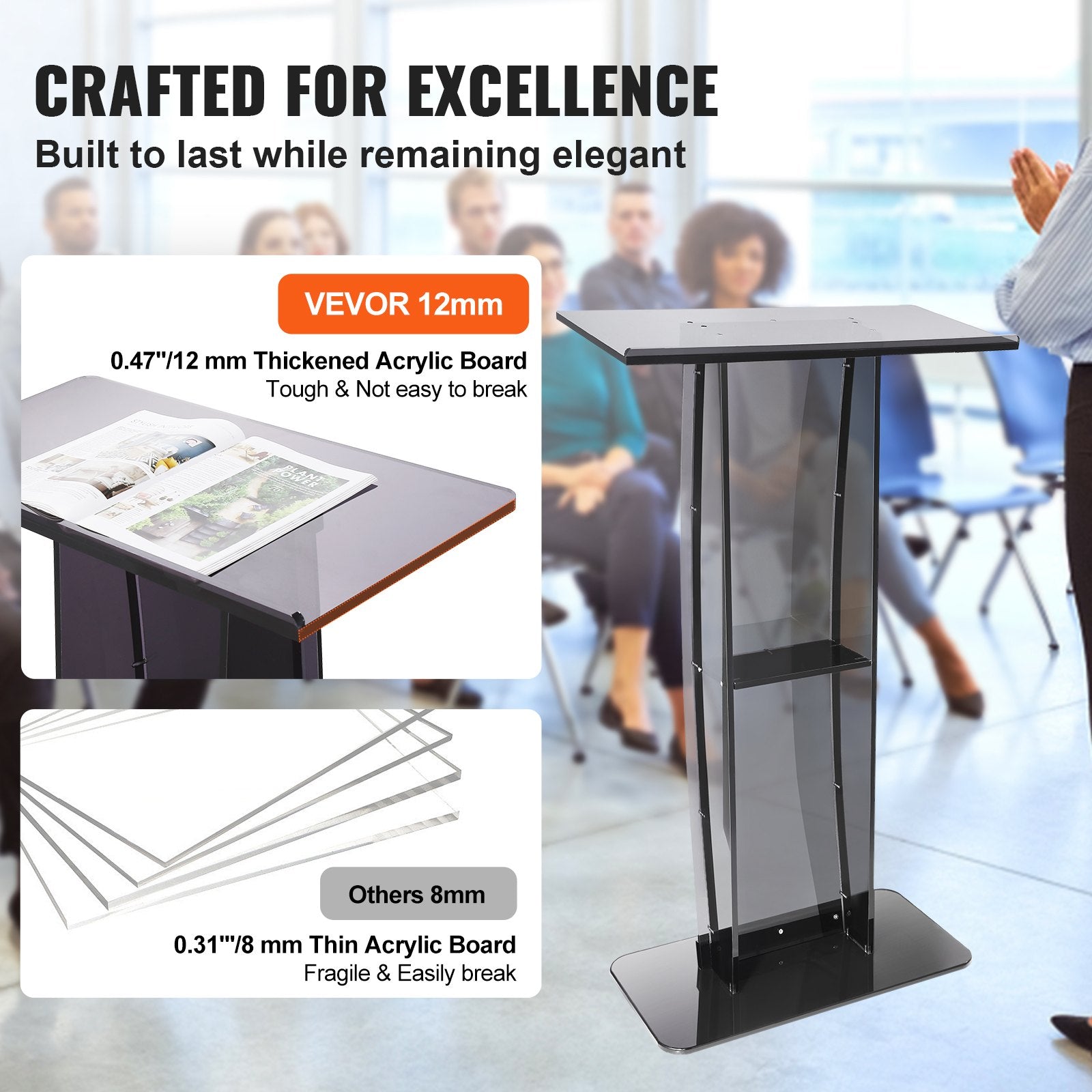 Coat Racks: VEVOR Acrylic Podium, 47" Tall, Acrylic Podium Stand with Wide Reading Surface & Storage Shelf, Floor-standing Clear Pulpits Acrylic for Church Office School, Black