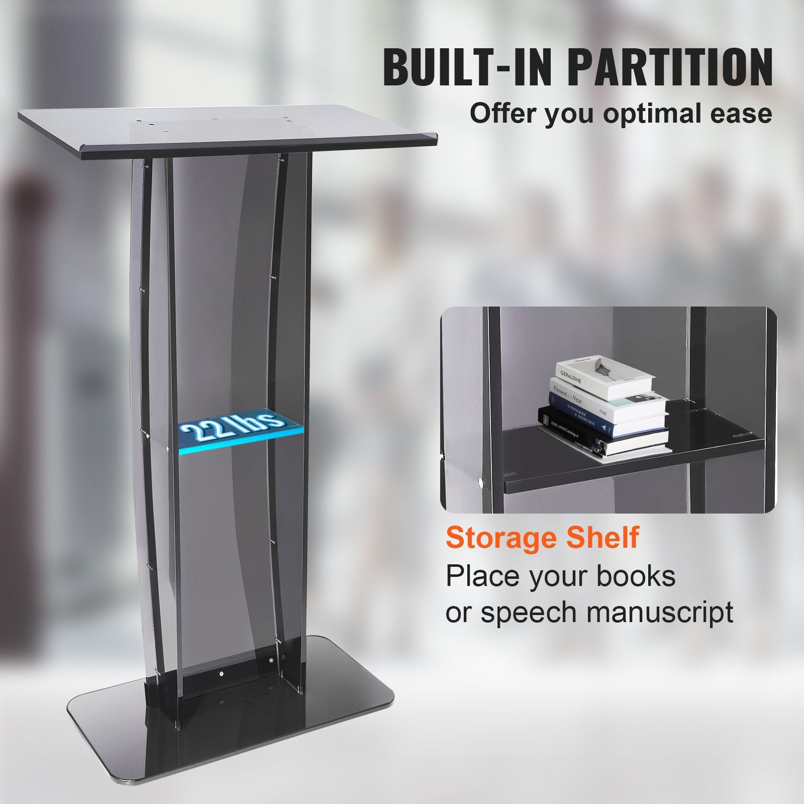 Coat Racks: VEVOR Acrylic Podium, 47" Tall, Acrylic Podium Stand with Wide Reading Surface & Storage Shelf, Floor-standing Clear Pulpits Acrylic for Church Office School, Black