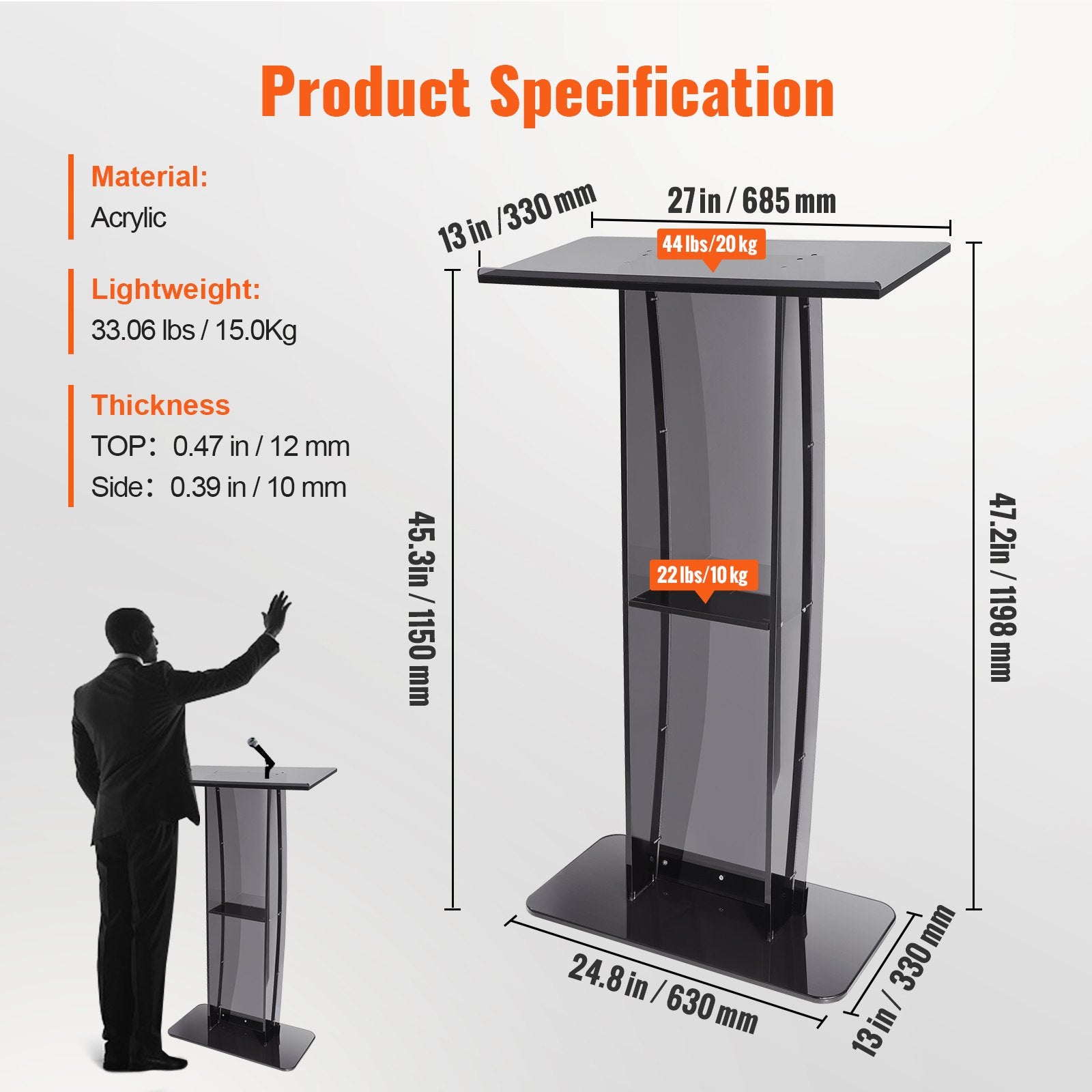 Coat Racks: VEVOR Acrylic Podium, 47" Tall, Acrylic Podium Stand with Wide Reading Surface & Storage Shelf, Floor-standing Clear Pulpits Acrylic for Church Office School, Black