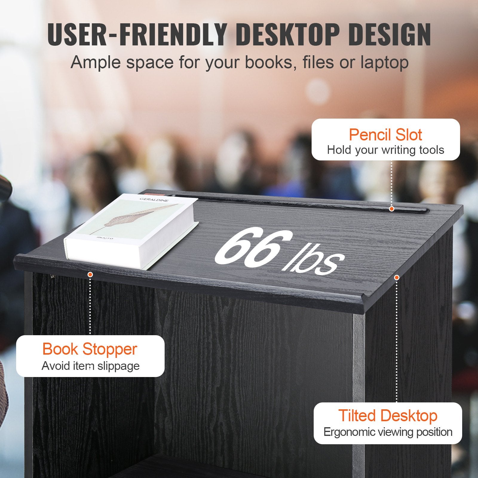 Podium Stand, 47 in Hostess Stand with 4 Rolling Wheels, Wood Podium with Storage Shelves, and Slant Desktop, Lecterns & Podiums for Church, Office, School, Home, Black