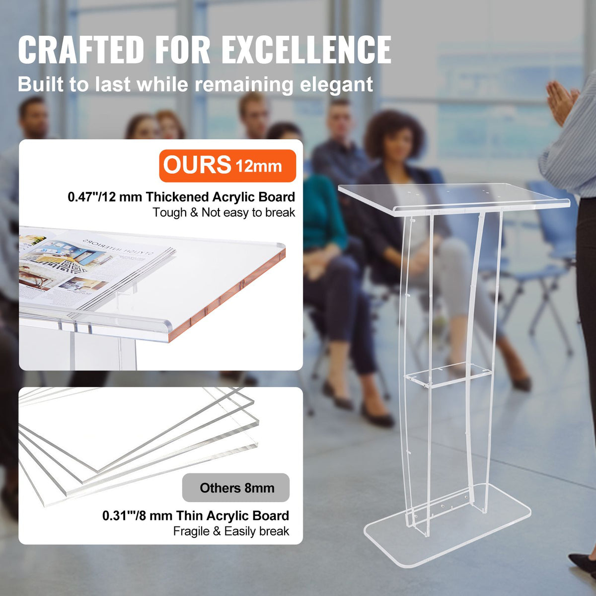Acrylic Podium, 47" Tall, Clear Acrylic Podium Stand with Wide Reading Surface & Storage Shelf, Floor-standing Clear Pulpits Acrylic for Church Office School