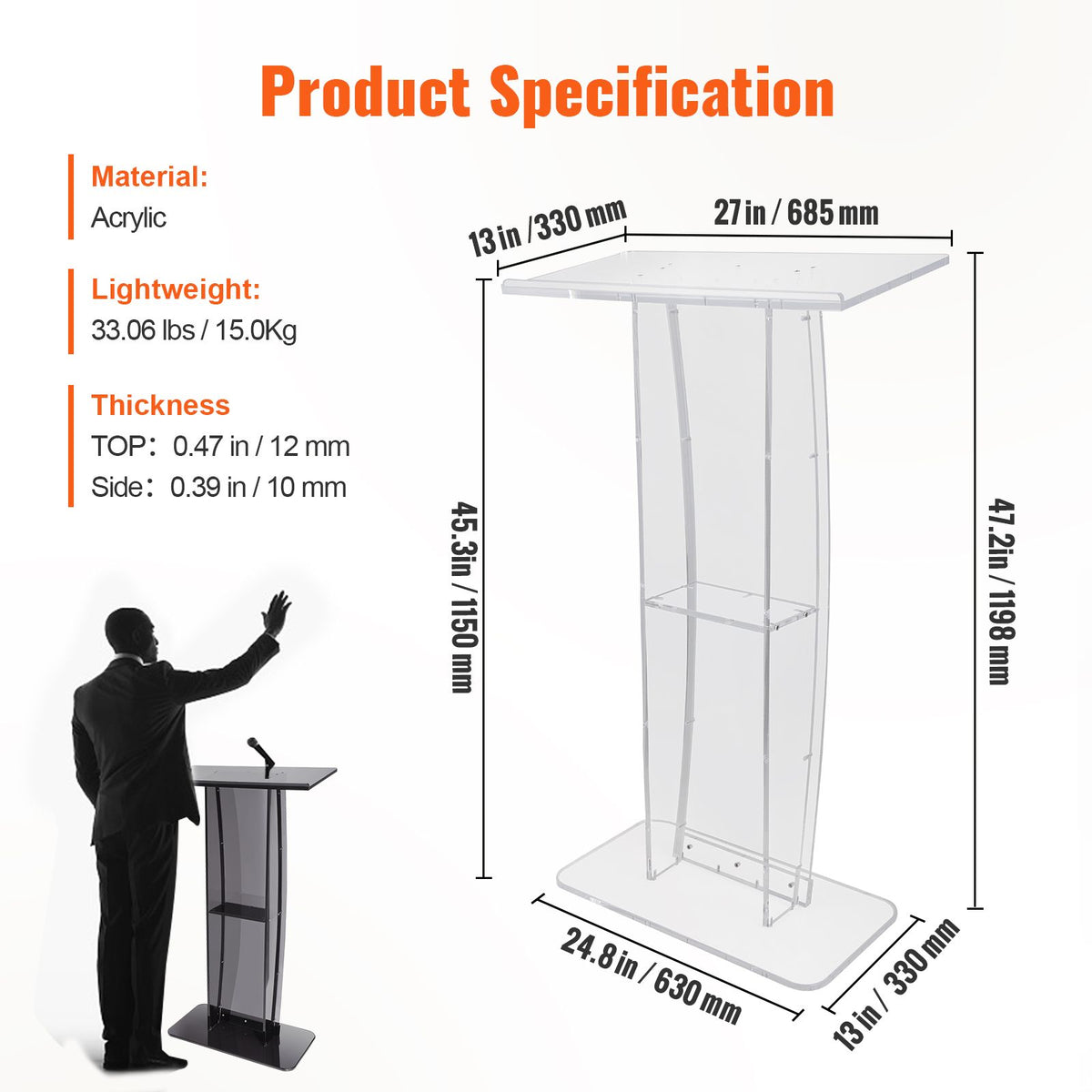 Acrylic Podium, 47" Tall, Clear Acrylic Podium Stand with Wide Reading Surface & Storage Shelf, Floor-standing Clear Pulpits Acrylic for Church Office School