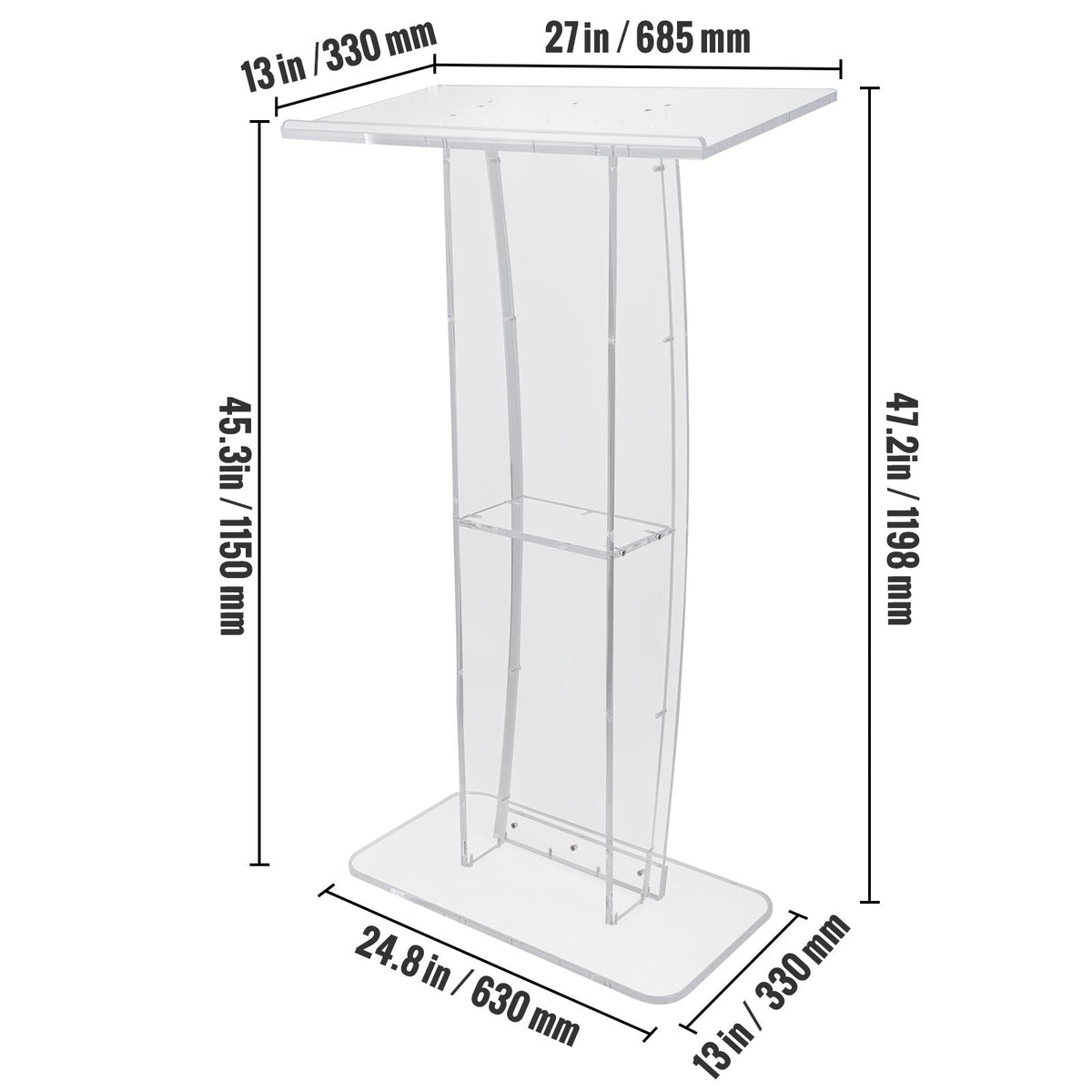 Acrylic Podium, 47" Tall, Clear Acrylic Podium Stand with Wide Reading Surface & Storage Shelf, Floor-standing Clear Pulpits Acrylic for Church Office School