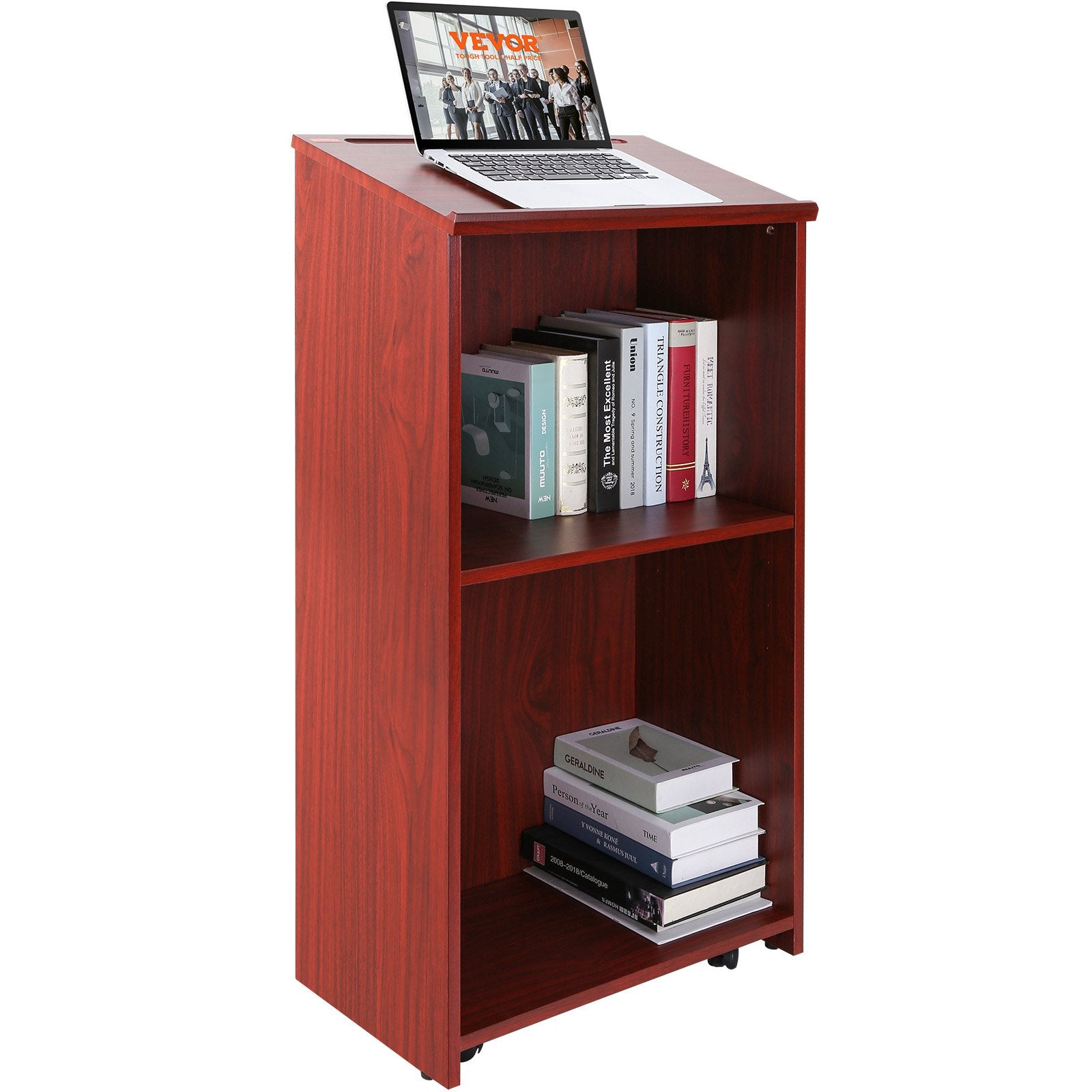 Podium Stand, 47 in Hostess Stand with 4 Rolling Wheels, Wood Podium with Storage Shelves, and Slant Desktop, Lecterns & Podiums for Church, Office, School, Home, Brown