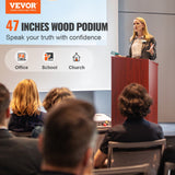 Desk Accessories: VEVOR Podium Stand, 47 in Hostess Stand with 4 Rolling Wheels, Wood Podium with Storage Shelves, and Slant Desktop, Lecterns & Podiums for Church, Office, School, Home, Brown