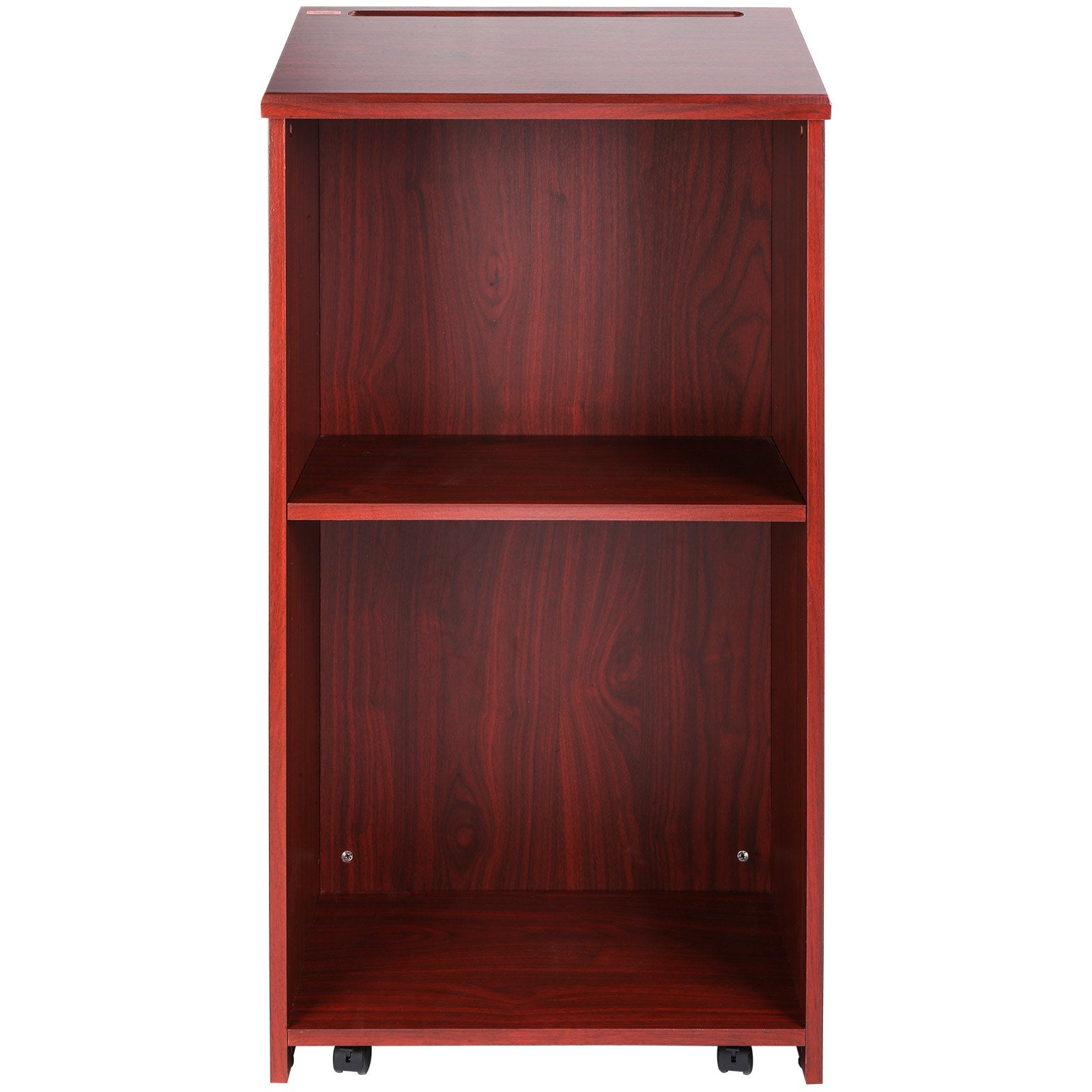 Podium Stand, 47 in Hostess Stand with 4 Rolling Wheels, Wood Podium with Storage Shelves, and Slant Desktop, Lecterns & Podiums for Church, Office, School, Home, Brown