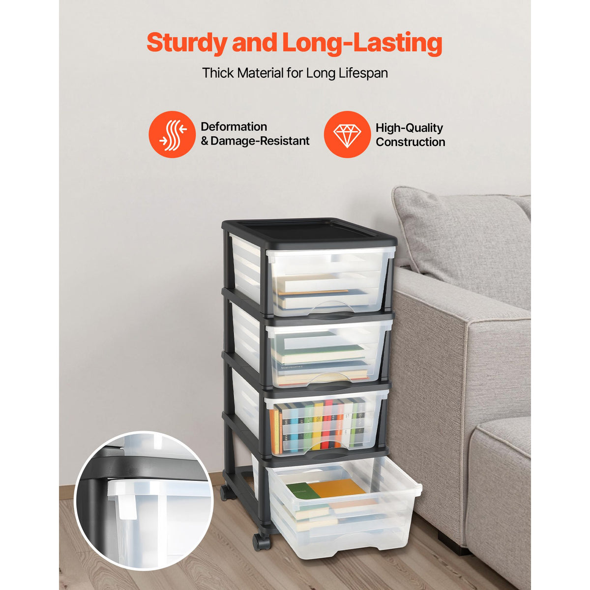 Plastic Storage Drawers Cart, 4 Drawers Storage Organizer with Wheels, Rolling Closet Organization and Storage Dividers, Dresser Organizer Clear Bins for Office Supplies, Craft Rooms, Classrooms