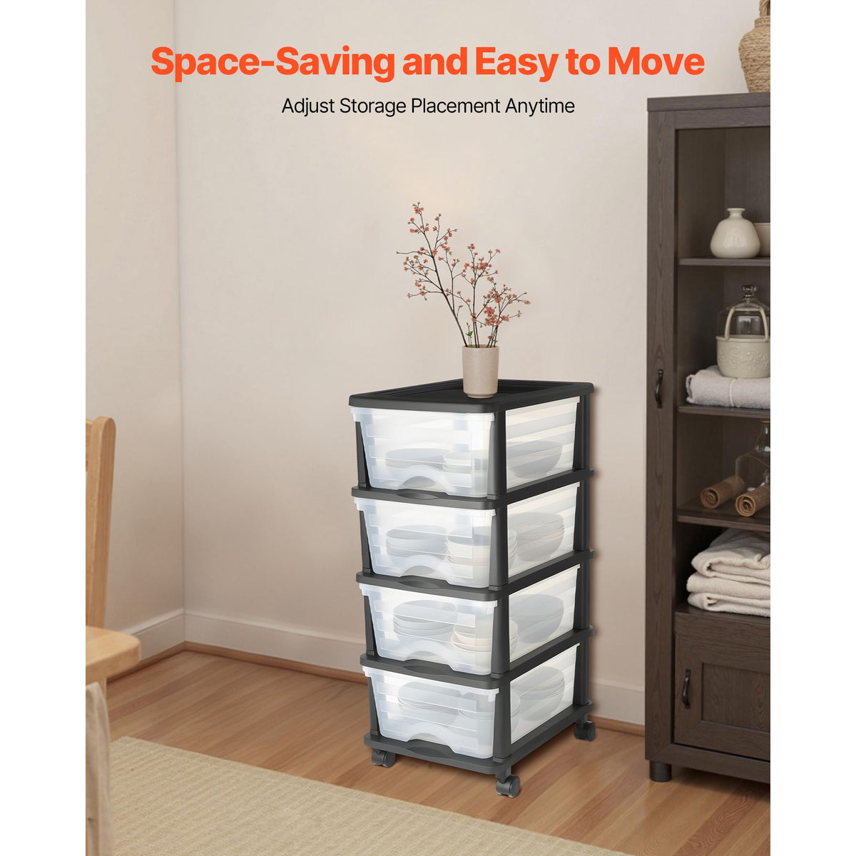 Plastic Storage Drawers Cart, 4 Drawers Storage Organizer with Wheels, Rolling Closet Organization and Storage Dividers, Dresser Organizer Clear Bins for Office Supplies, Craft Rooms, Classrooms