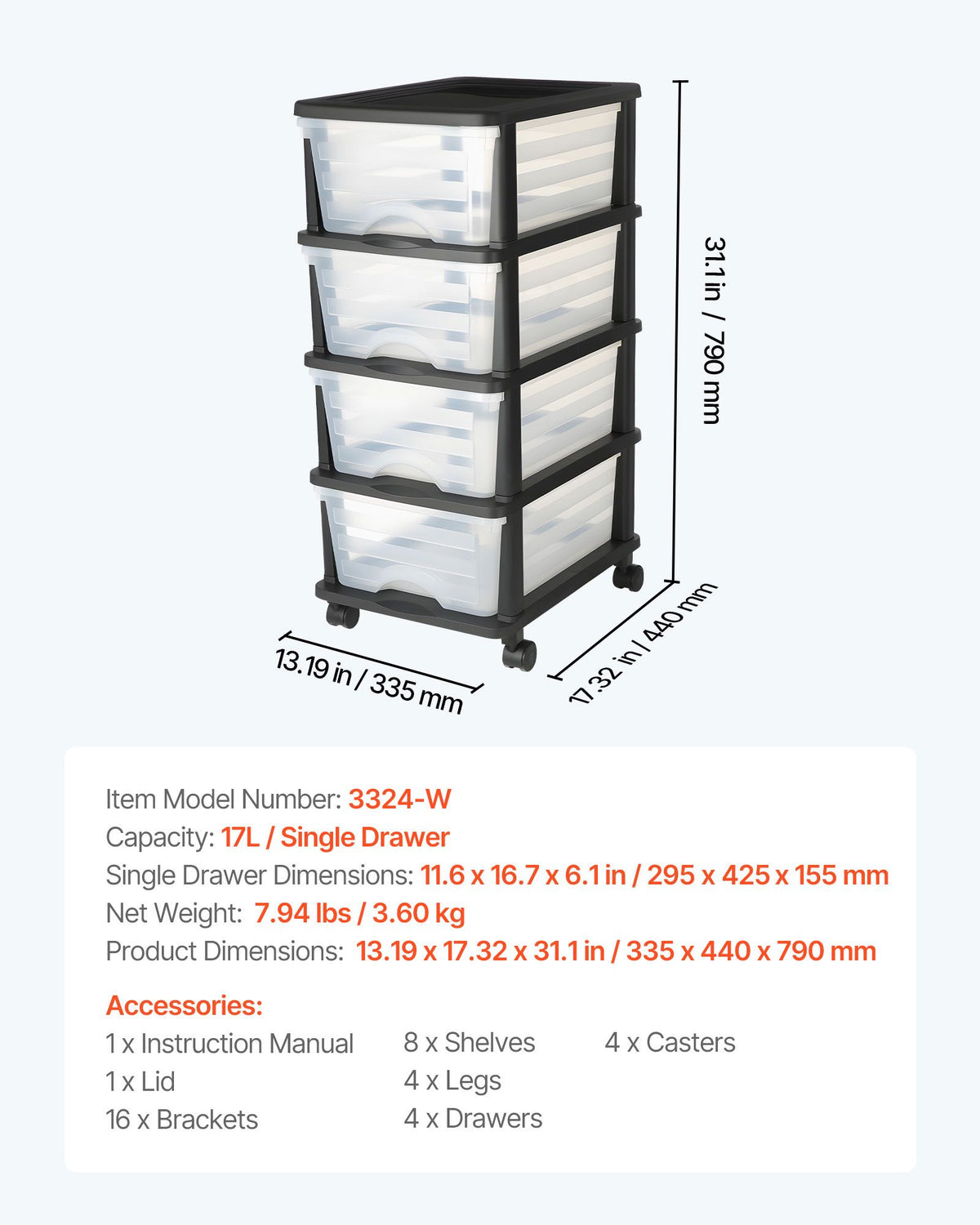 Plastic Storage Drawers Cart, 4 Drawers Storage Organizer with Wheels, Rolling Closet Organization and Storage Dividers, Dresser Organizer Clear Bins for Office Supplies, Craft Rooms, Classrooms