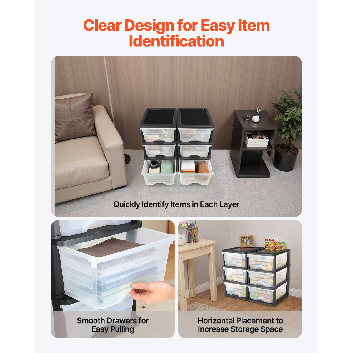 Plastic Storage Drawers, 2 Pack Storage Organizer Drawer, 6 Drawers Closet Organization and Storage Dividers, Dresser Organizer Clear Bins for Office Supplies, Craft Rooms, Classrooms and Home