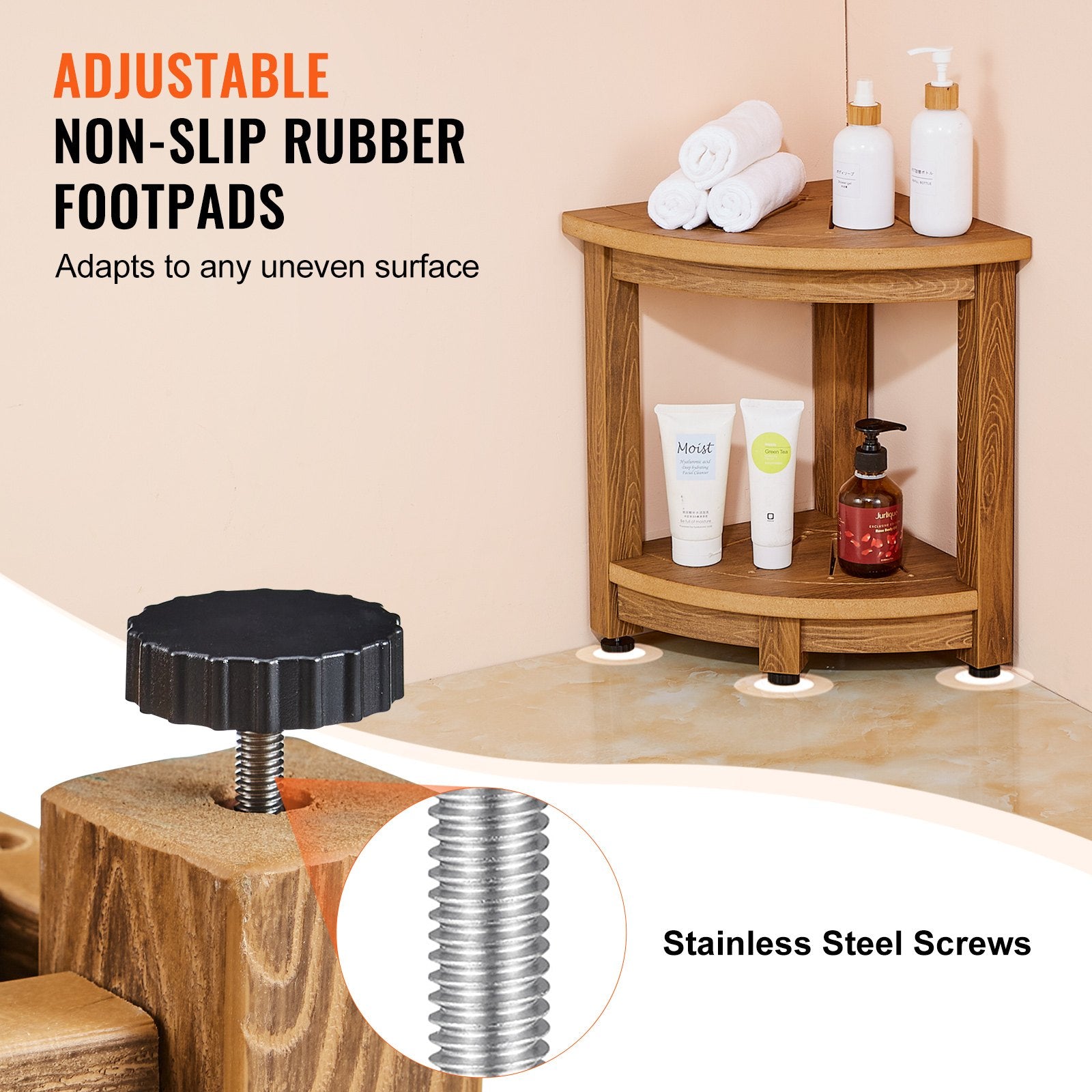 Corner Shower Bench, 16.5" Height 12.8" Radius, Faux Wood Grain Polystyrene, 158KGS with Storage Shelf, Water Resistant, Shower Stool for Inside & Outside Shower, for Bathroom, Living Room