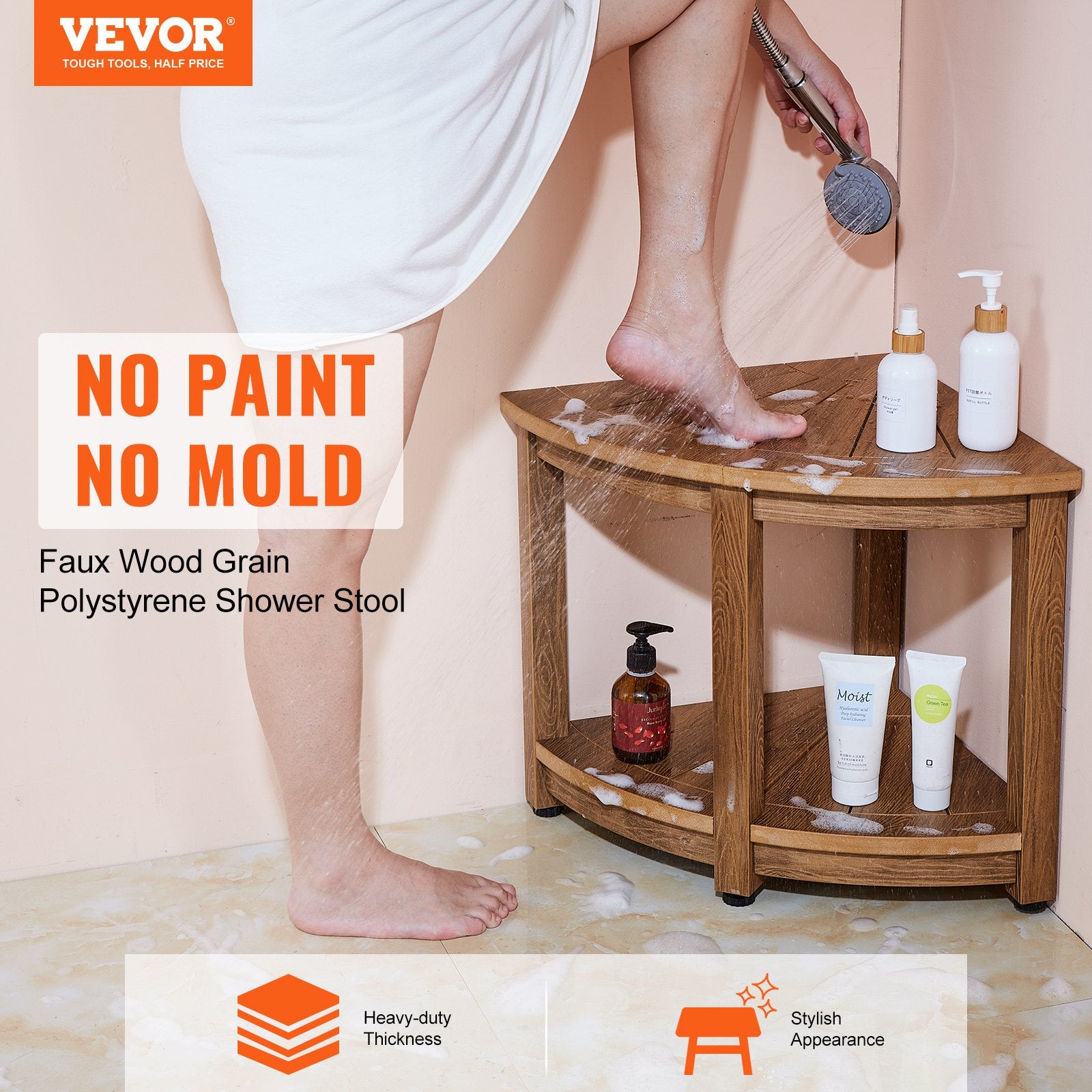 Corner Shower Bench, 18.5" Height 17.75" Radius, Faux Wood Grain Polystyrene,159KGS with Storage Shelf, Water Resistant, Shower Stool for Inside & Outside Shower, for Bathroom, Living Room