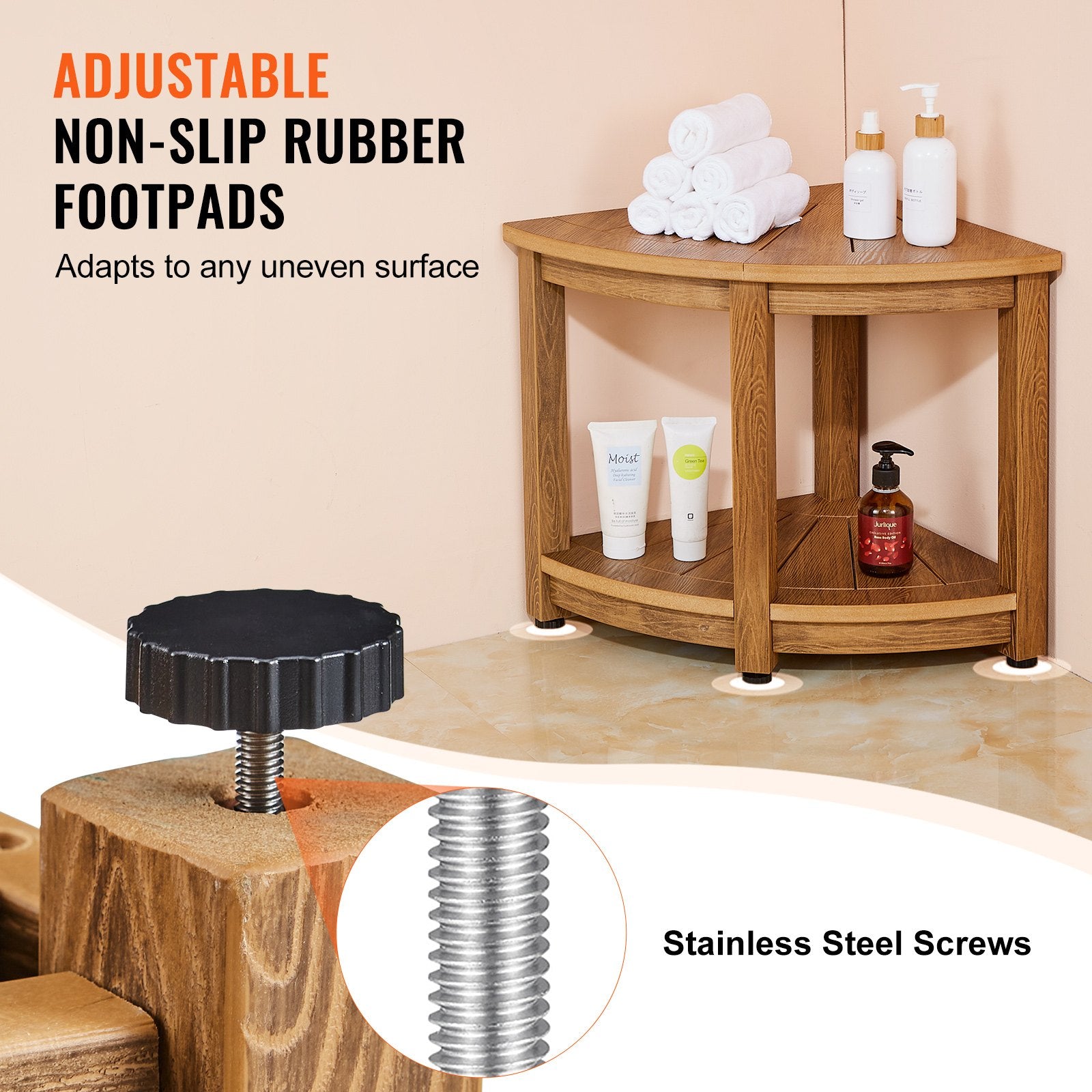 Corner Shower Bench, 18.5" Height 17.75" Radius, Faux Wood Grain Polystyrene,159KGS with Storage Shelf, Water Resistant, Shower Stool for Inside & Outside Shower, for Bathroom, Living Room