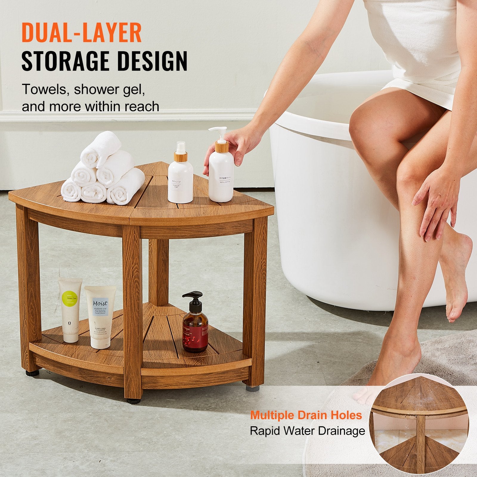 Corner Shower Bench, 18.5" Height 17.75" Radius, Faux Wood Grain Polystyrene,159KGS with Storage Shelf, Water Resistant, Shower Stool for Inside & Outside Shower, for Bathroom, Living Room